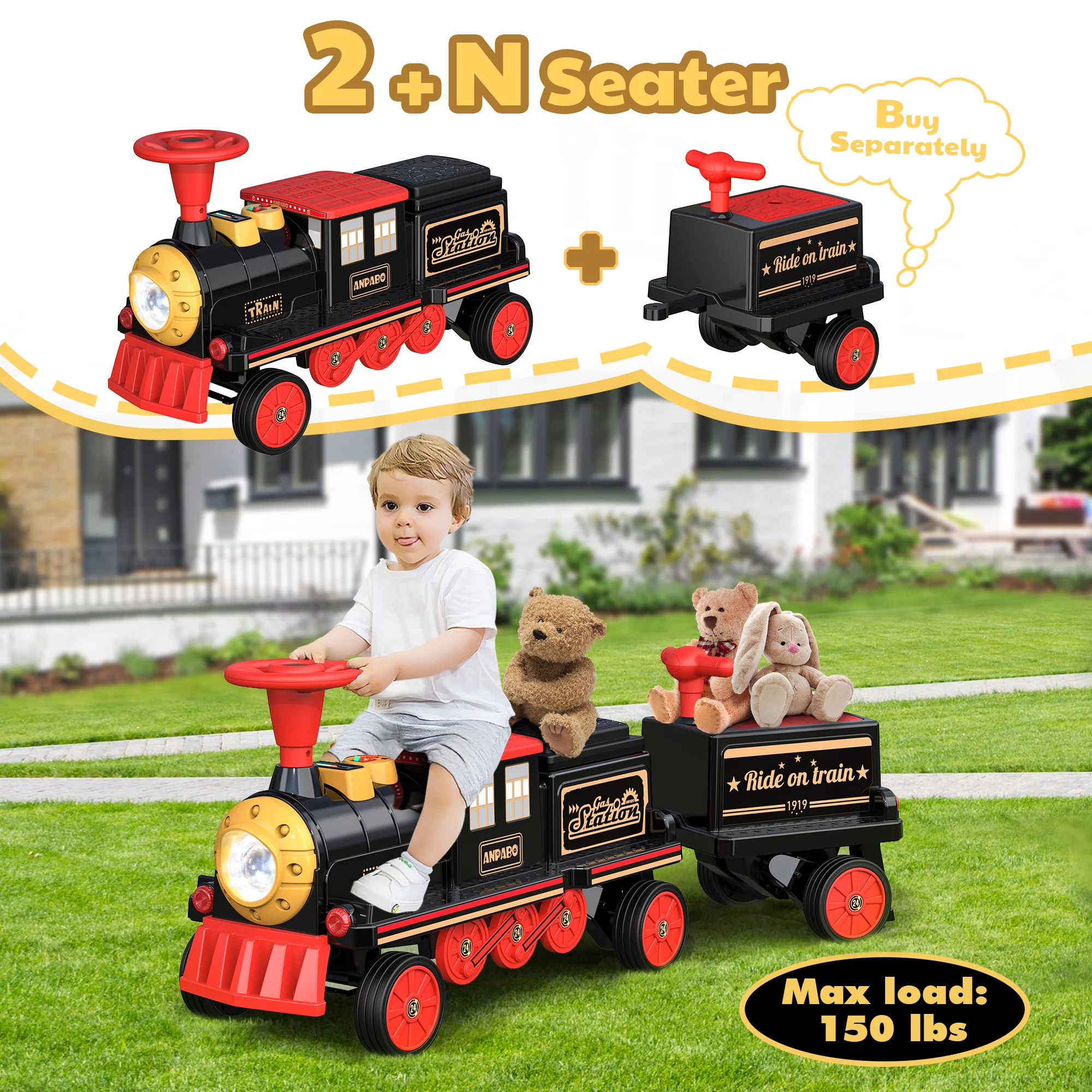 TOKTOO 12Volt 2 Seater Kids Ride on Train W/ Rubber Wheels, Storage Box, LED Headlight, Music Player-Black Red - Womvr