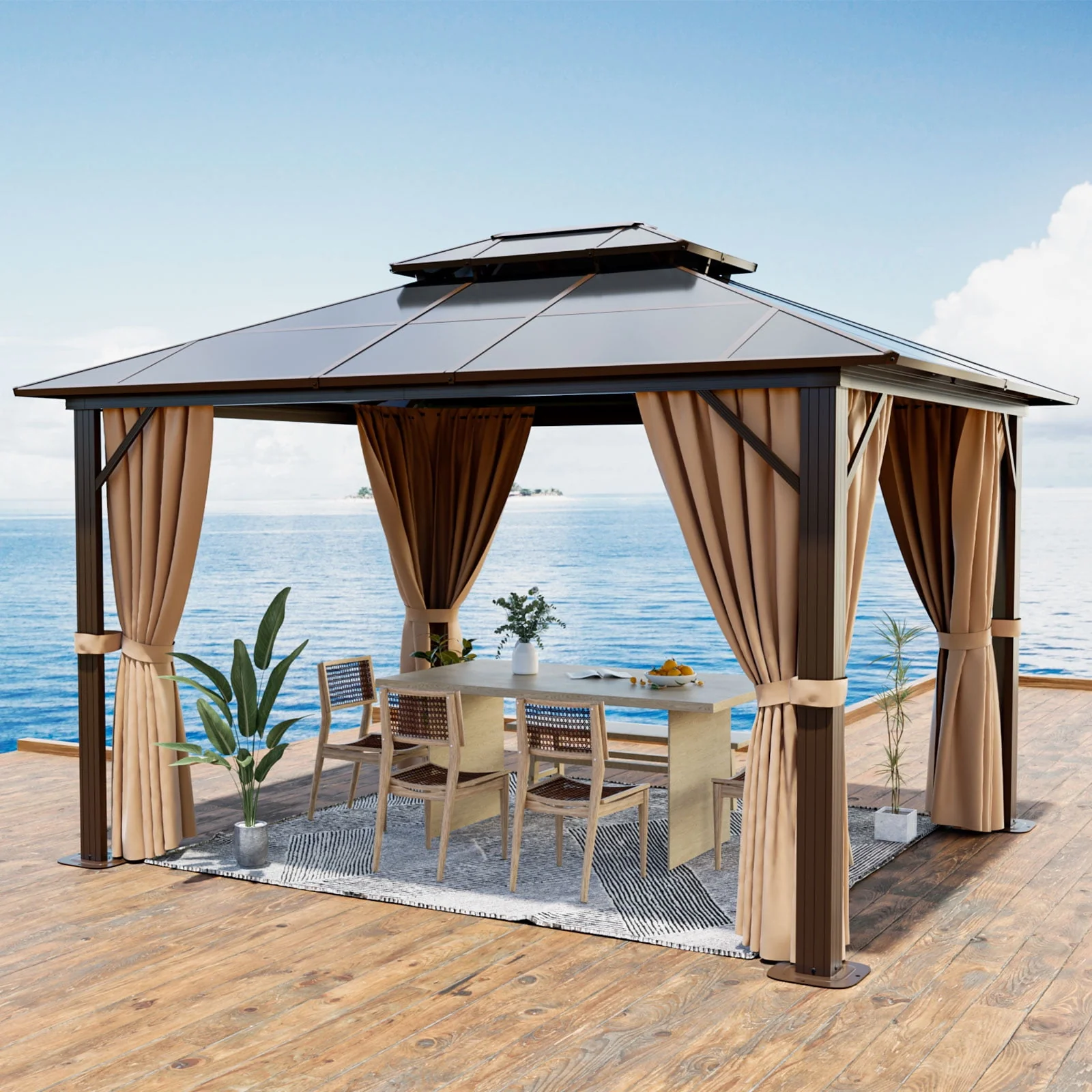 Aoxun 10 ft. x 12 ft. Hardtop Gazebo, Double Polycarbonate Roof Aluminum Frame Gazebo W/Curtain and Netting, Brown - Womvr