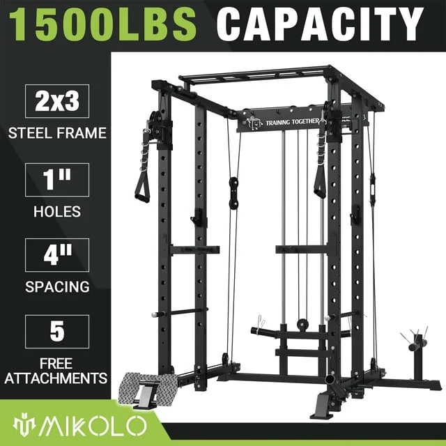 Mikolo Power Rack Cage, 1500 lbs Weight Rack with Cable Crossover Machine,Multi-Function Squat Rack with J Hooks,Dip Bars and Landmine for Home Gym (Black), Plate Loaded Machine - Womvr
