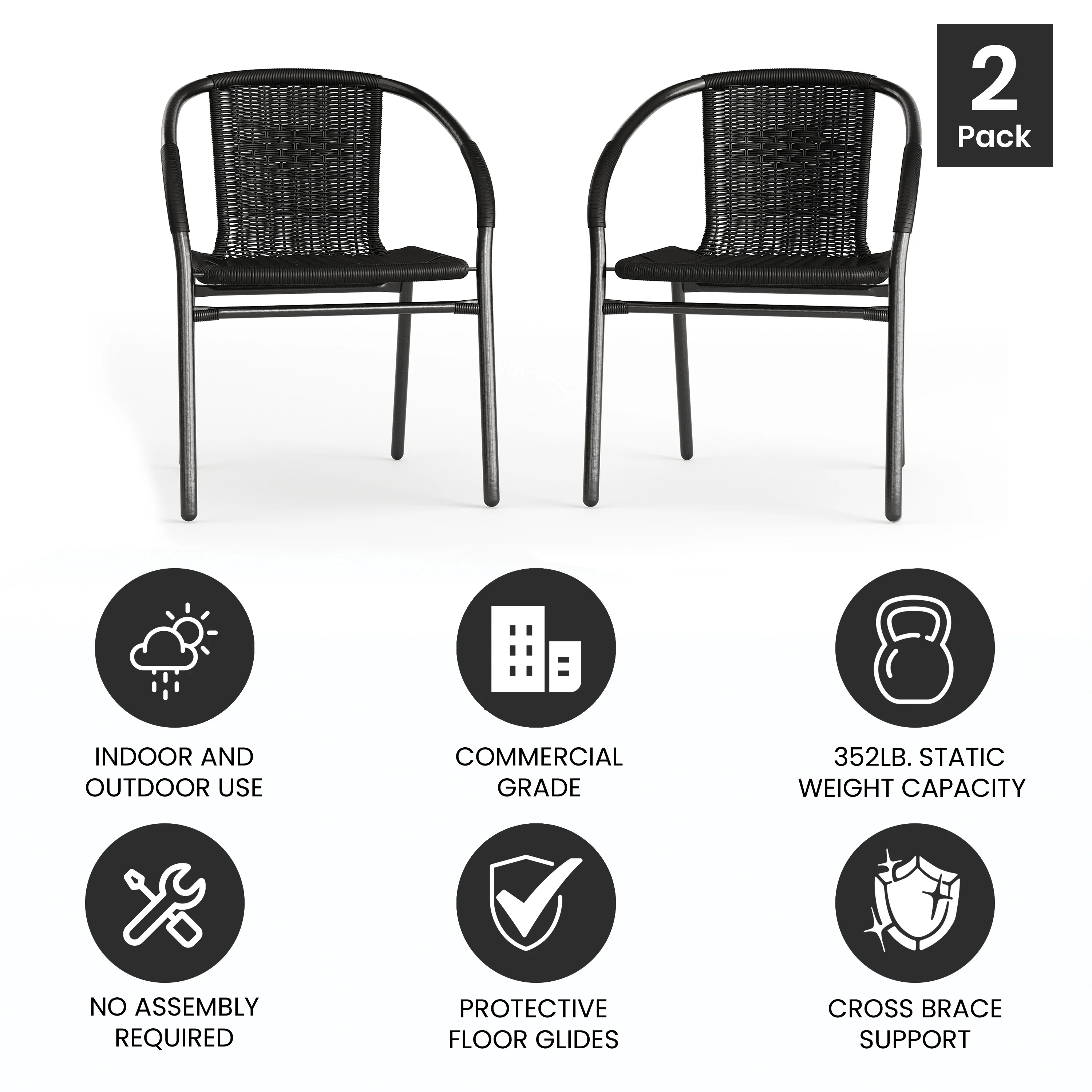 Emma + Oliver 2 Pack Gray Rattan Indoor-Outdoor Restaurant Stack Chair with Curved Back - Womvr