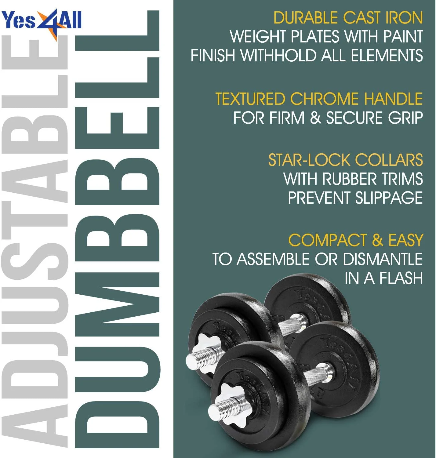 Yes4All 200 lbs Adjustable Dumbbell Weight Set, Cast Iron Dumbbell, Pair - Womvr