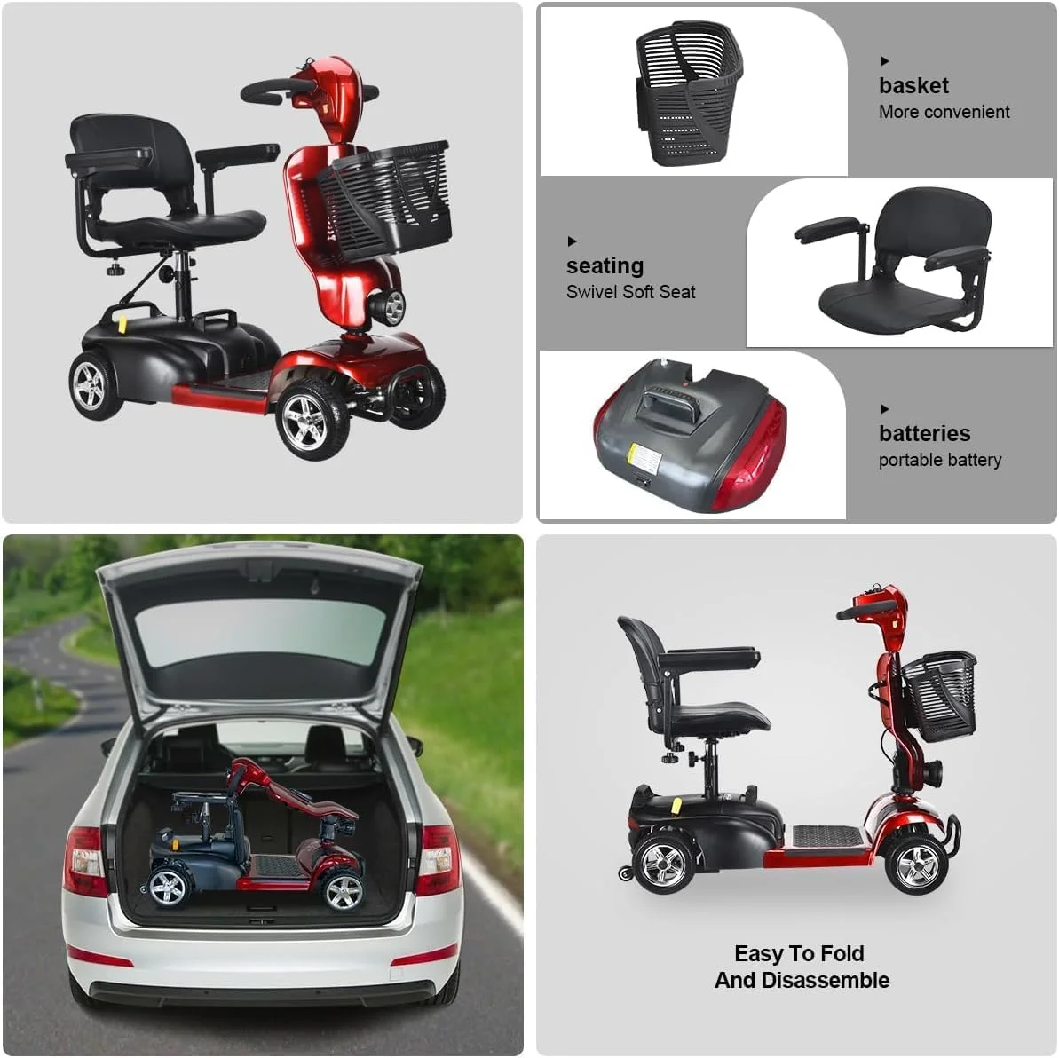 4 Wheel Mobility Scooter .Adult, Senior, Disabled .Compact Heavy Duty Mobility .Foldable, Powered Mobility Scooters with Charger and Basket .Extended Battery/for Travel (with Front Bezel) - Womvr