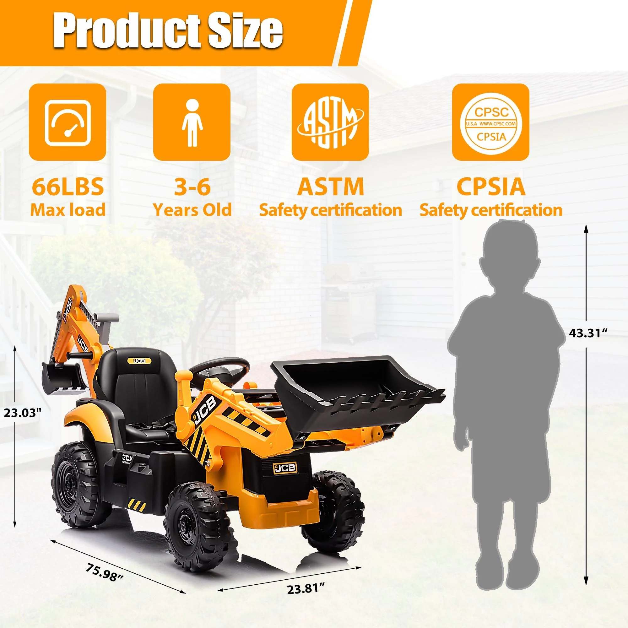 JCB 24V Ride on Excavator with Front&Back Loader 3in1 Kids Ride on Car with Remote Control Electric Construction for 3-6 Years Old Boys and Girls, Backhoe Ride on, Yellow - Womvr