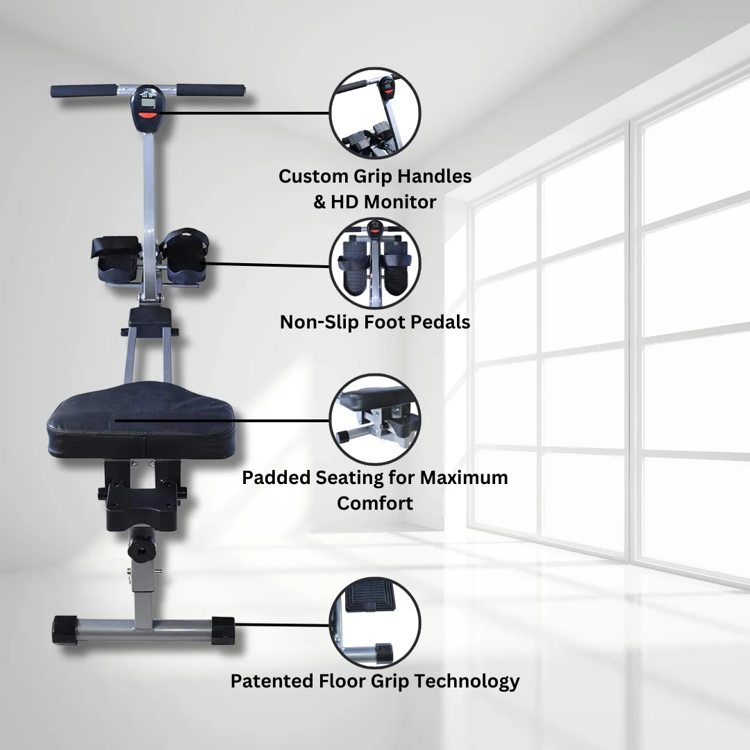 Iron Bar Fitness Foldable Rowing Machine: Ideal for Home Cardio Exercises, featuring a 12-Level Adjustable Hydraulic Resistance System. Comes with a Digital Monitor and a Cushioned Comfort Seat - Womvr
