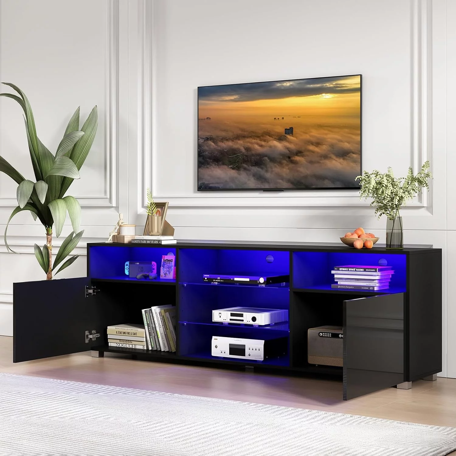 ChVans LED TV Stand for 65/70inch, High Glass Modern Entertainment Center with LED Lights and Glossy Cabinets(Black-65