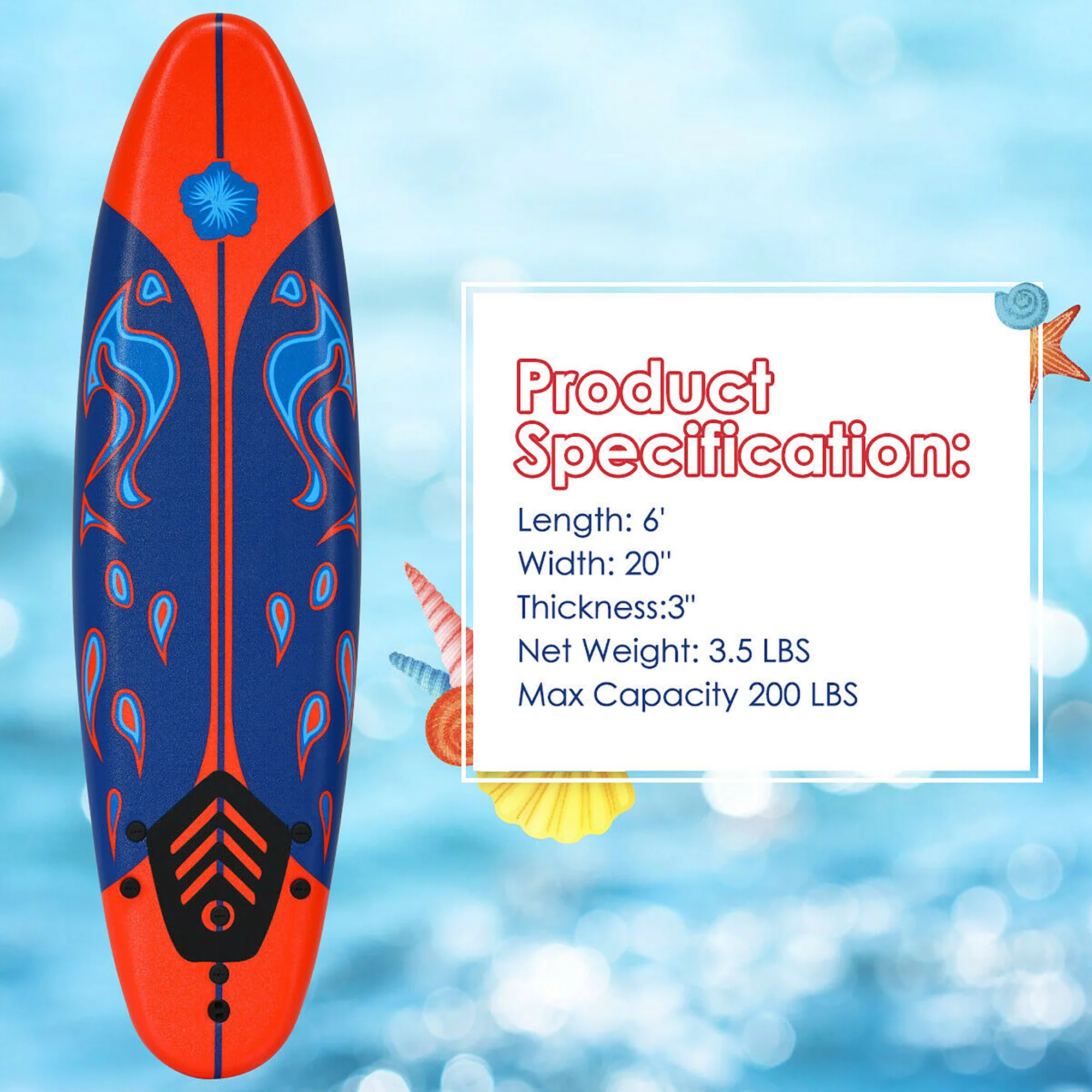 Costway 6' Surfboard Foamie Body Surfing Board W/3  Fins & Leash for Kids Adults Red - Womvr