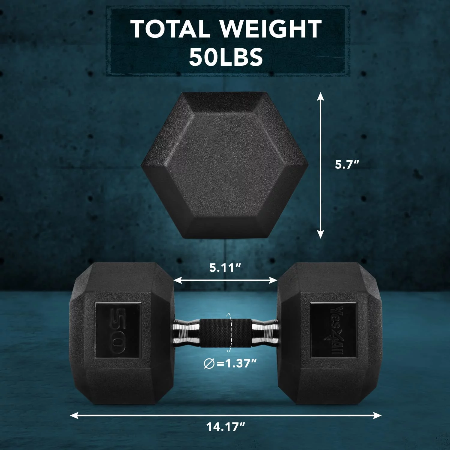 Yes4All 50 lbs Hex Rubber Grip Dumbbell Weight Set, Single - Womvr