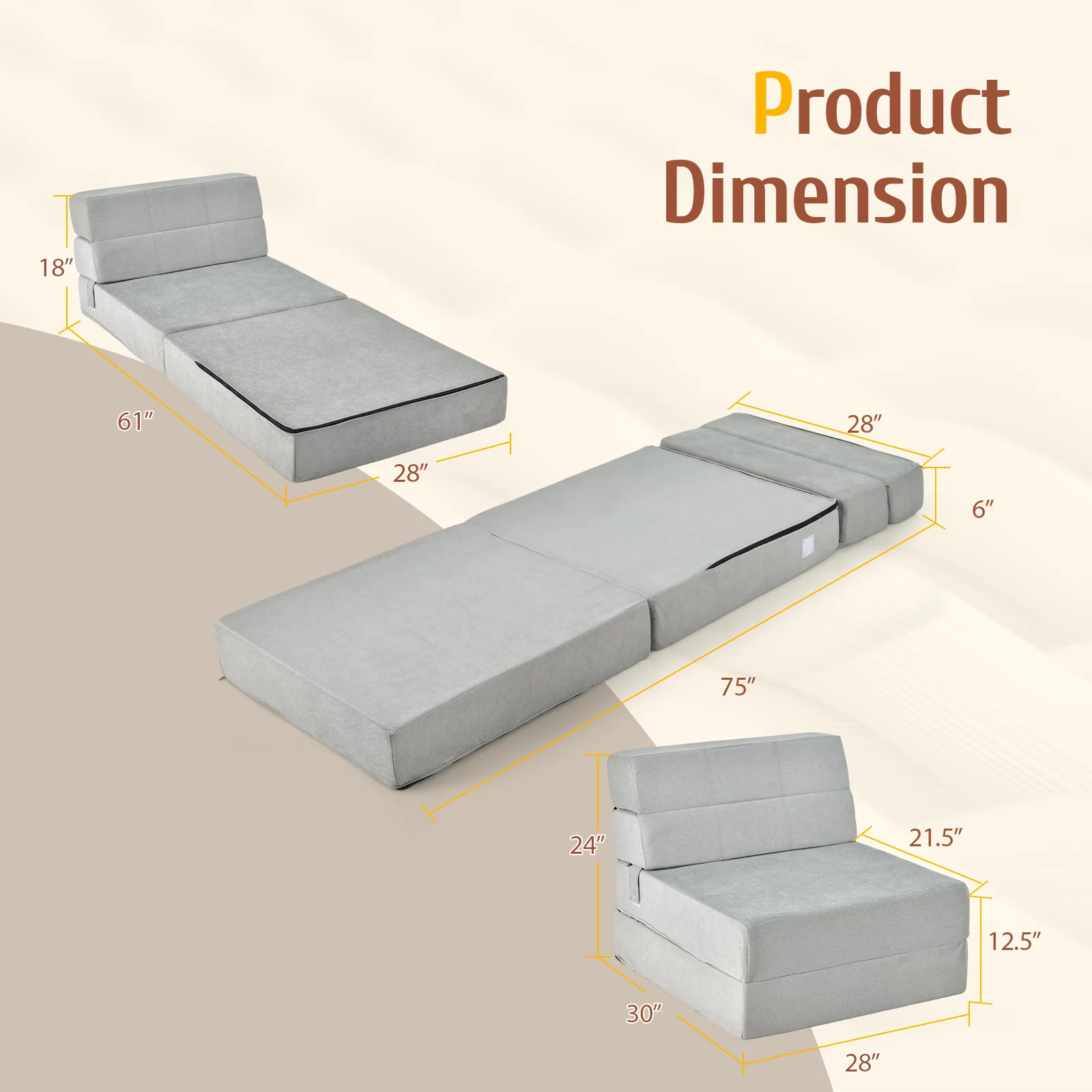 Costway Tri-Fold Fold Down Chair Flip Out Lounger Convertible Sleeper Bed Couch Dorm Grey - Womvr
