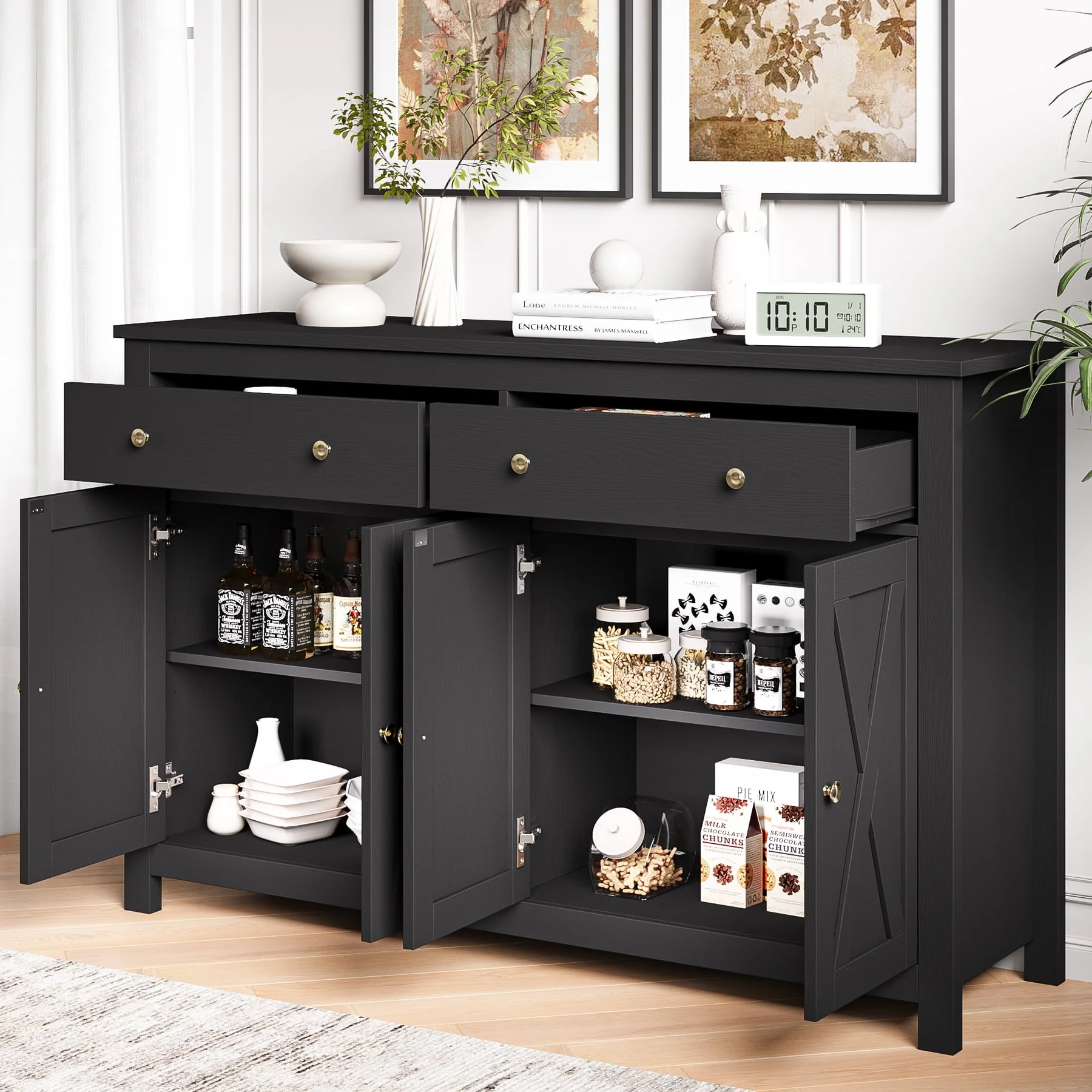 Homfa 4-Doors 2-Drawers Farmhouse Storage Cabinet, Wood Sideboard with Adjustable Shelves for Kitchen Dining Room, White - Womvr