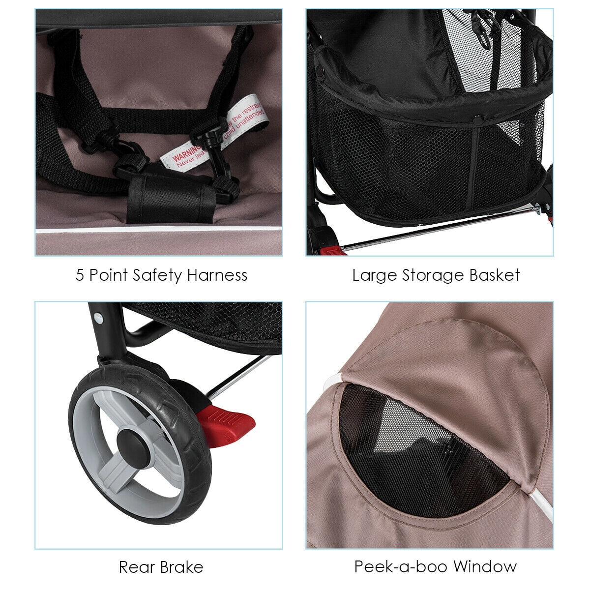 Costway Foldable Lightweight Baby Stroller Kids Travel Pushchair 5-Point Safety System Coffee - Womvr