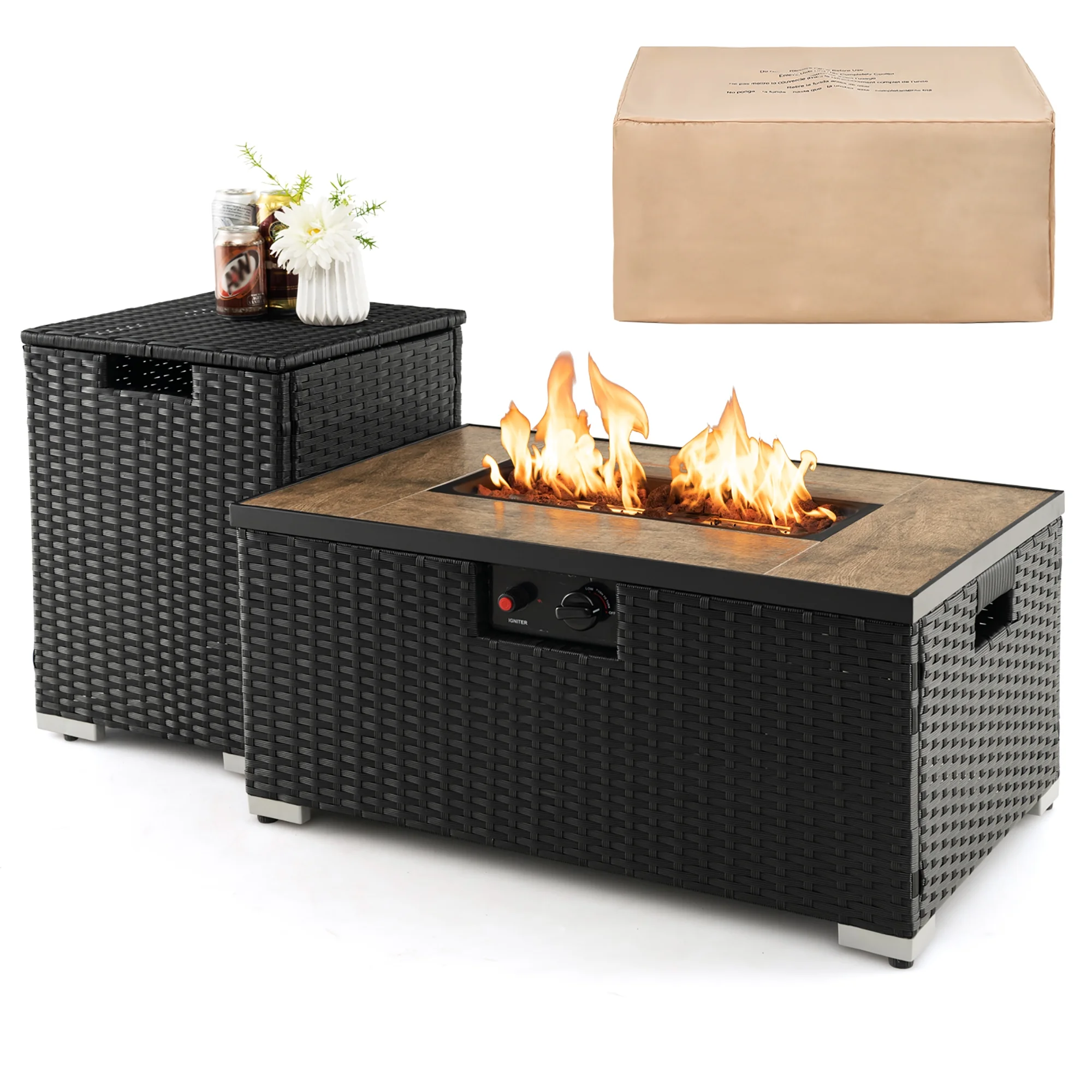 Gymax 32''x 20'' Propane Rattan Fire Pit Table Set w/ Side Table Tank & Cover 40,000 BTU - Womvr