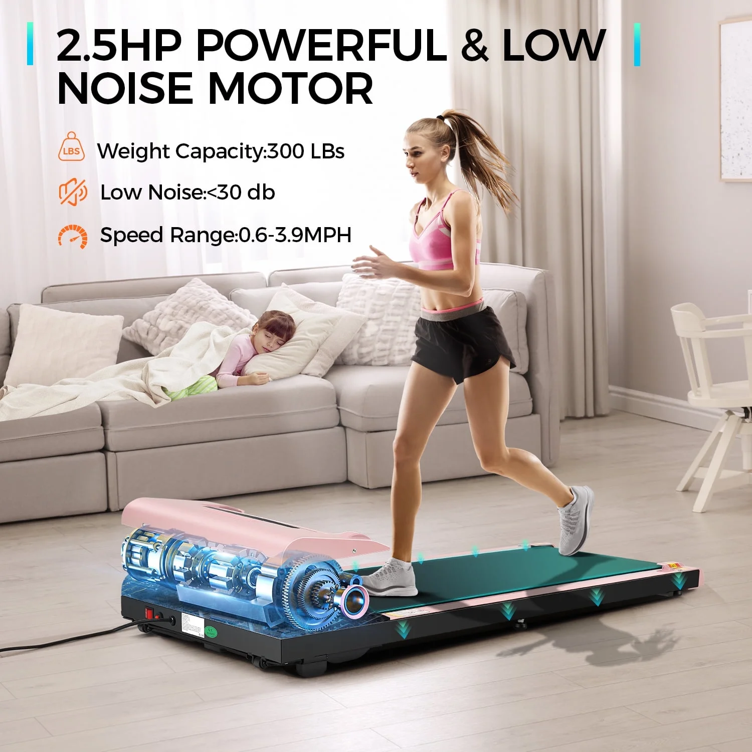 Adnoom Walking Pad Treadmill Under Desk Treadmills for Home,Smart App Remote Control 2.5HP Electric Jogging Running Machine with LED Display - Womvr