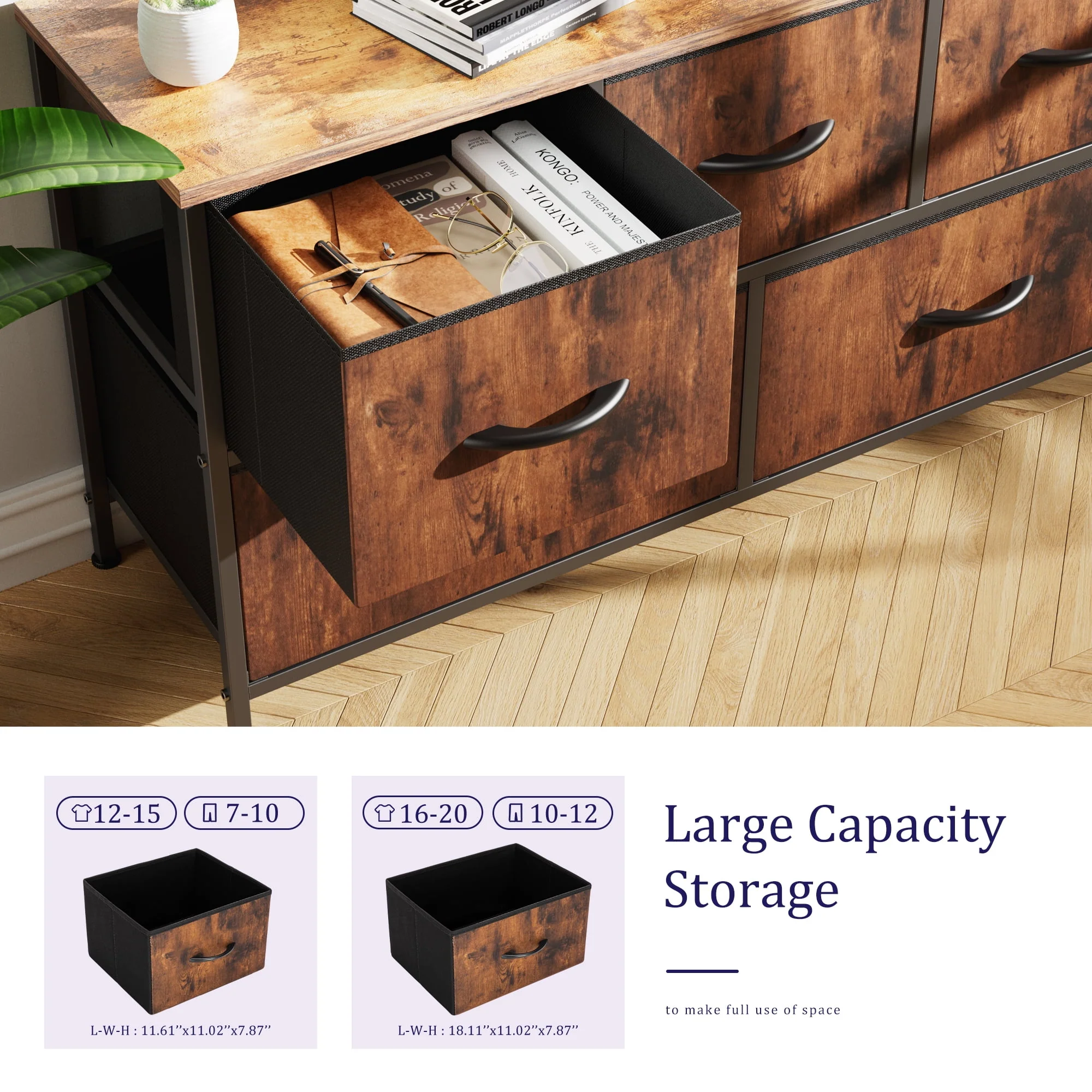 EDX 5 Drawer Dresser, Wide Chest Of Drawers Nightstand Storage Tower Storage Dresser Fabric Dresser With Wood Top for Living Room, Bedroom, Hallway, Nursery, Rustic Brown - Womvr