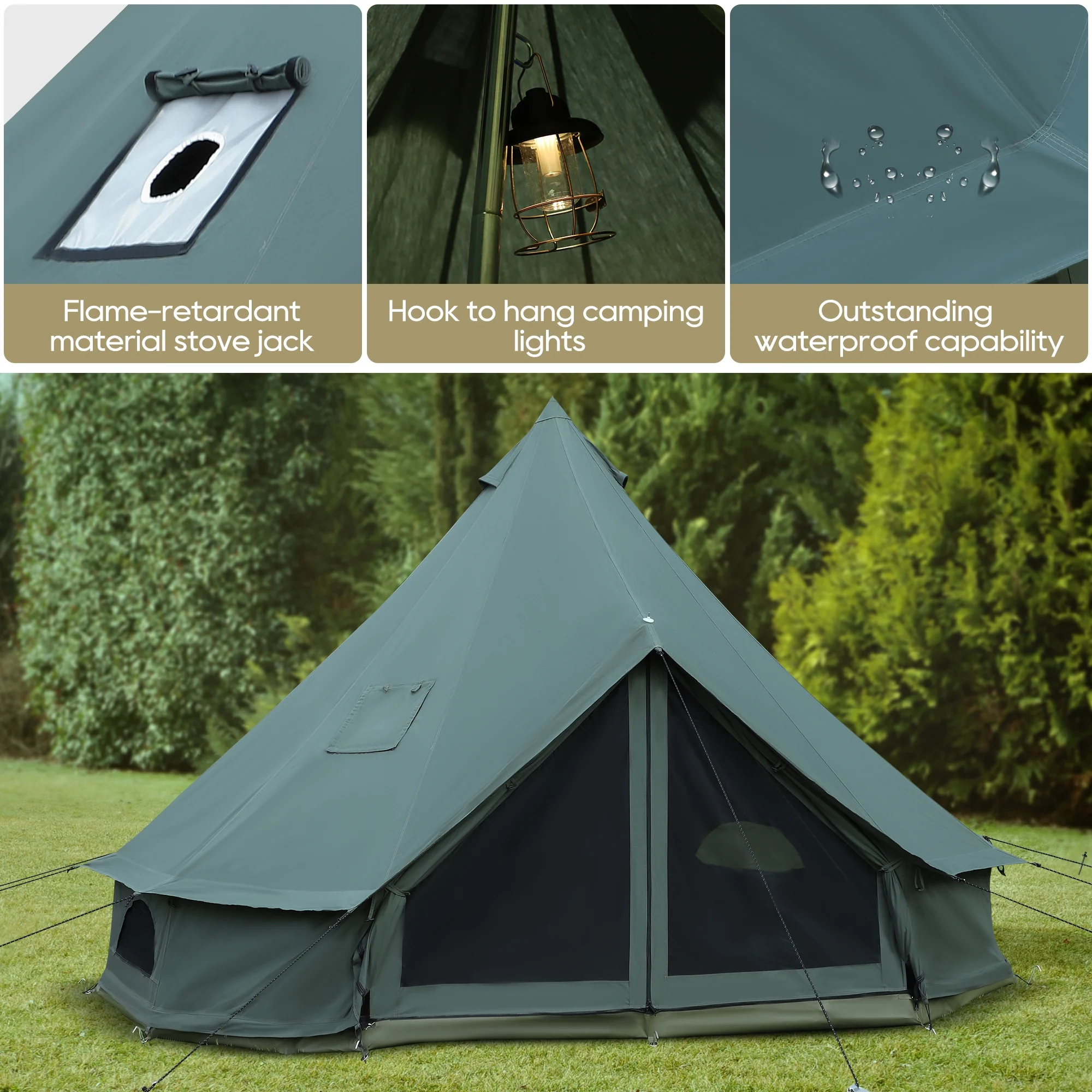 LVUYOYO Bell Tent for Camping, Cotton Canvas Bell Tent with Stove Jack, Outdoor Canvas Bell Tent for Family Glamping Camping, 4 Season Tent with Zipped Removable Floor,5M,Green - Womvr