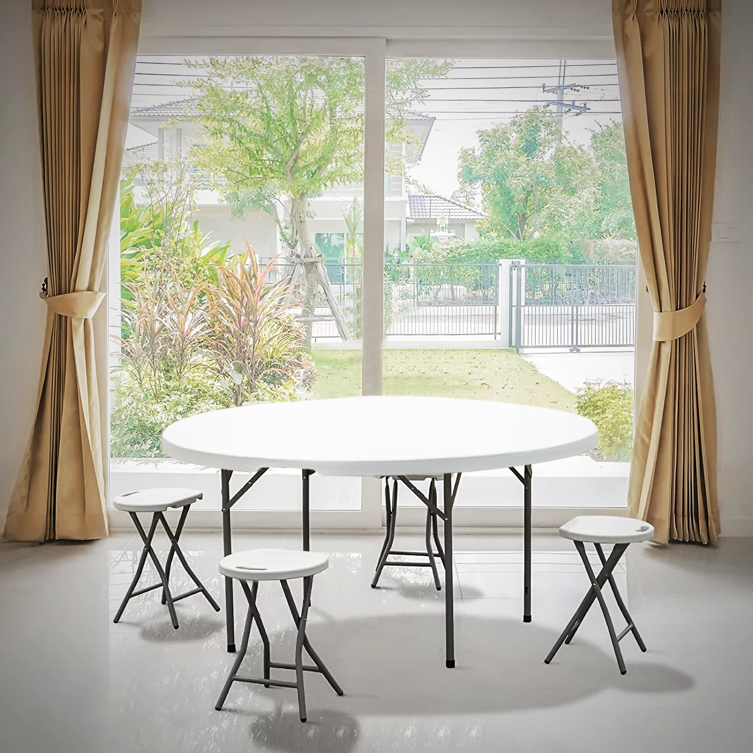 MoNiBloom 5 foot Round Bi-Fold Plastic Table, Metal Frame Indoor Outdoor 60 Inch Foldable Desk for Kitchen Party Wedding, Grey - Womvr