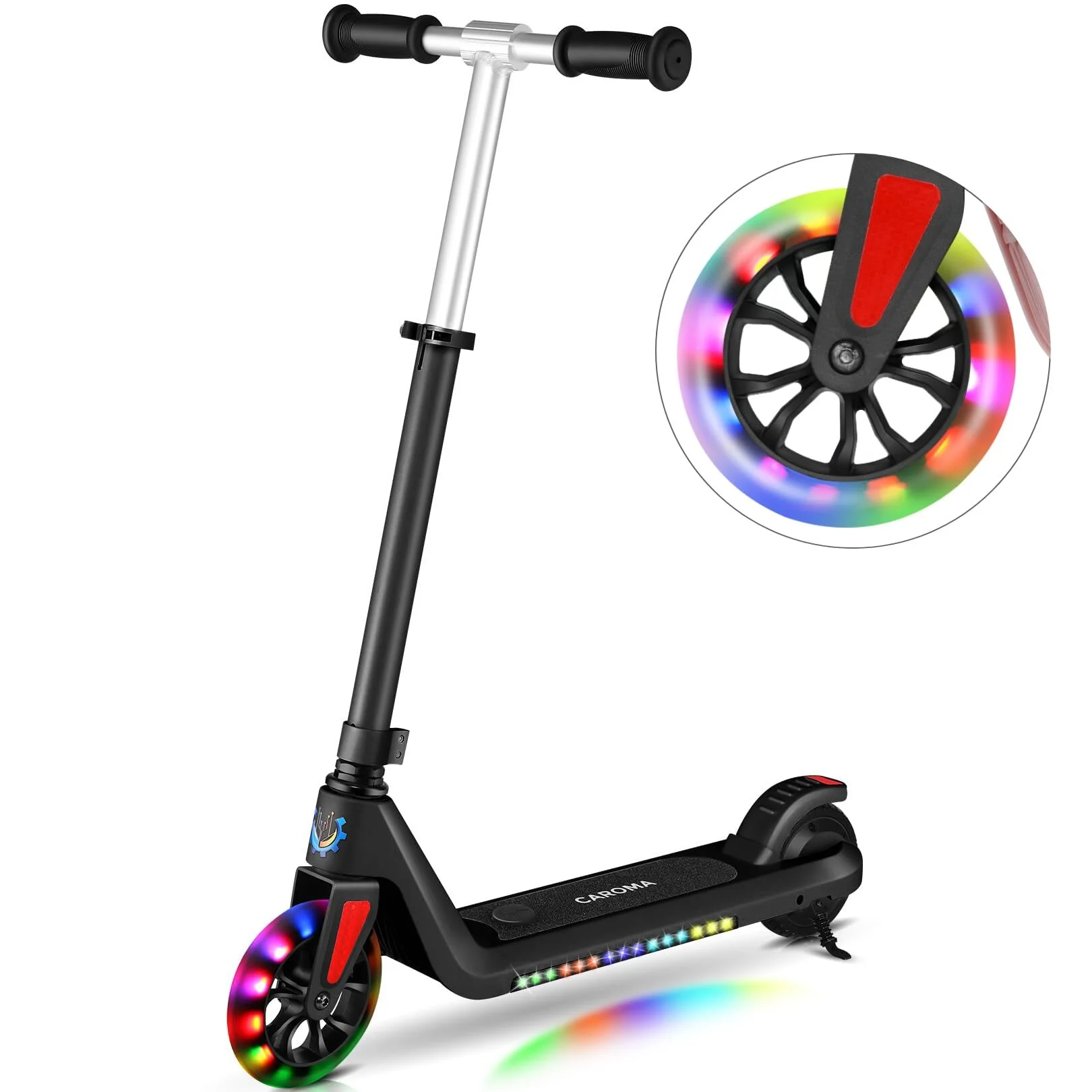 CAROMA Electric Scooter for Kids Ages 6-12, up to 120 lbs, Up to 6 mph, 120W 22V Power Motor, Unique 7 Color Pedal Light, 5