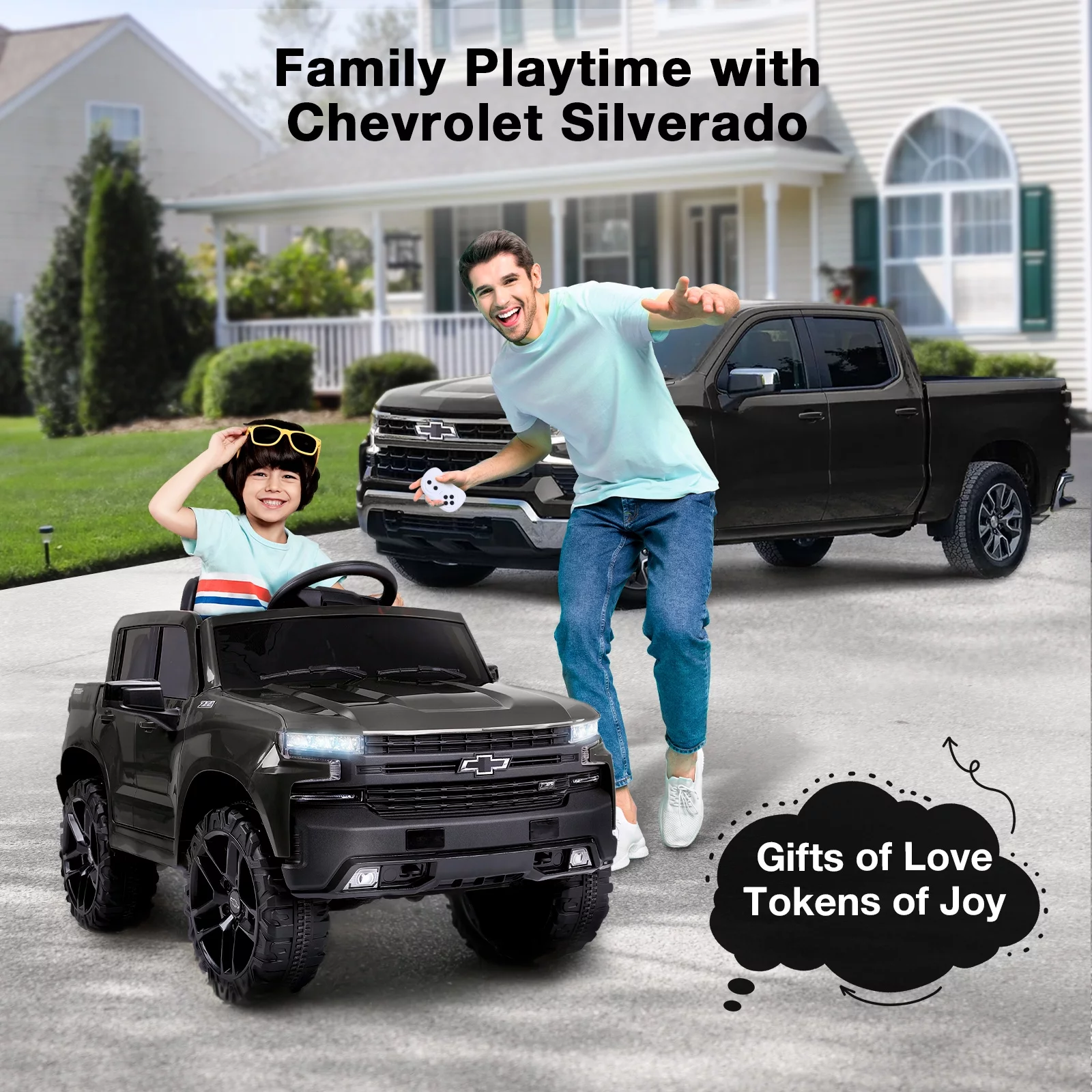 FUNTOK Licensed Chevrolet Silverado 12V Kids Electric Powered Ride on Toy Car with Remote Control & Music Player, Black - Womvr