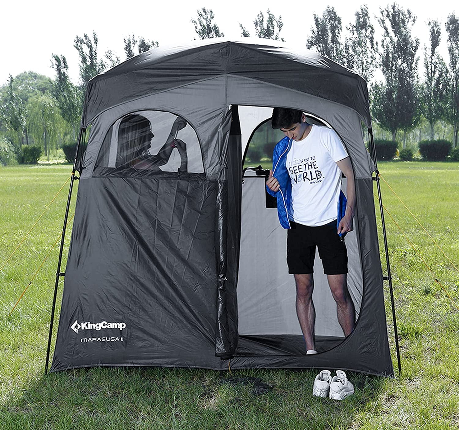 KingCamp Oversized 2 Rooms Camping Shower Tent Extra Wide Outdoor Shower Tent Privacy Tent for Portable Toilet/Bathroom/Dressing Changing Room with Carry Bag, Blue - Womvr