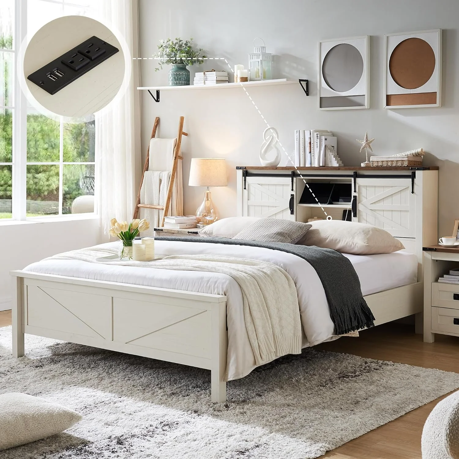 OKD Farmhouse Full Bed Frame, Wood Platform Bed with Bookcase Storage Headboard and Charging Station, No Box Spring Needed, Light Rustic Oak - Womvr