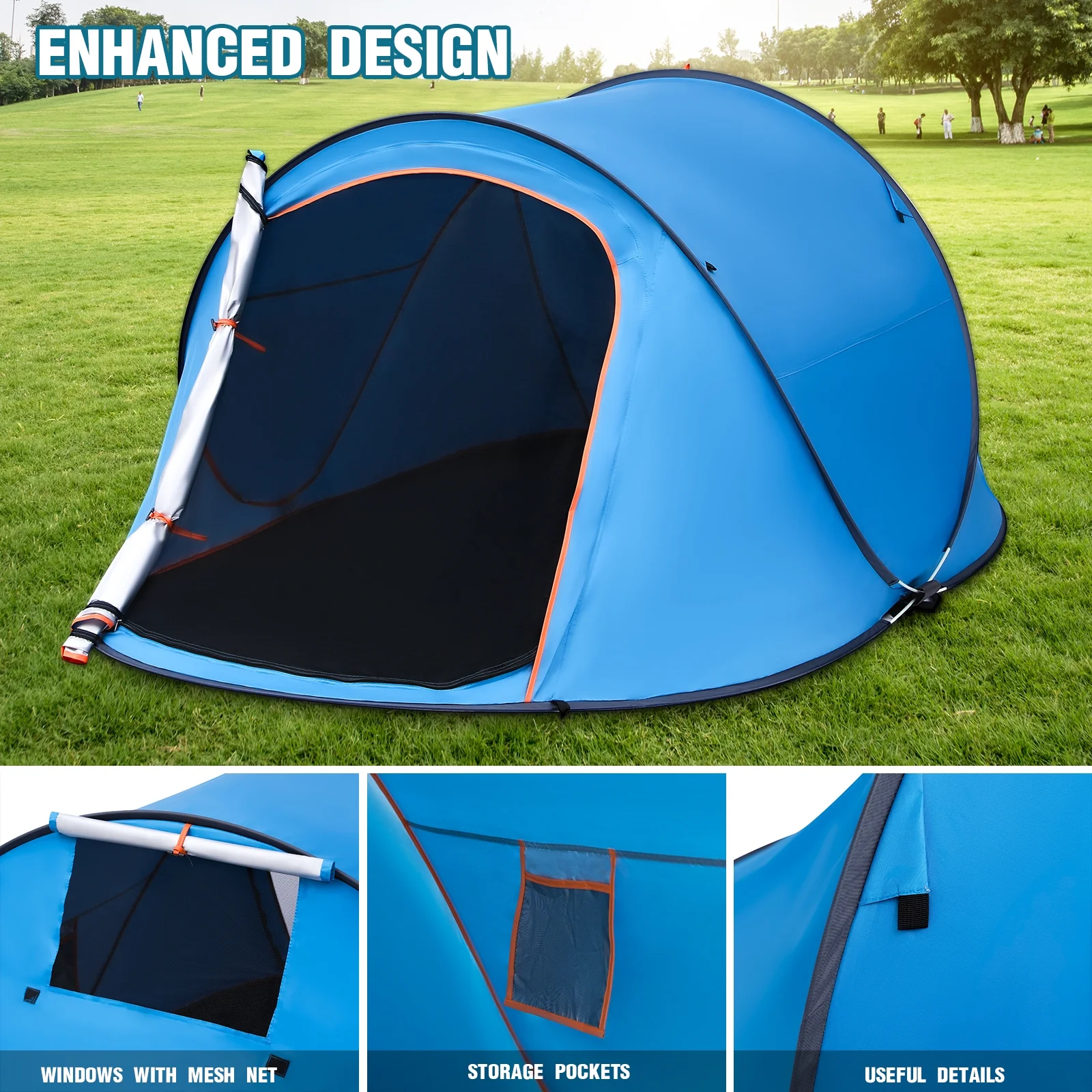 HONGGE 2 Person Instant Pop-up Tent Waterproof Family Camping Tent, 2 Side Windows Blue - Womvr