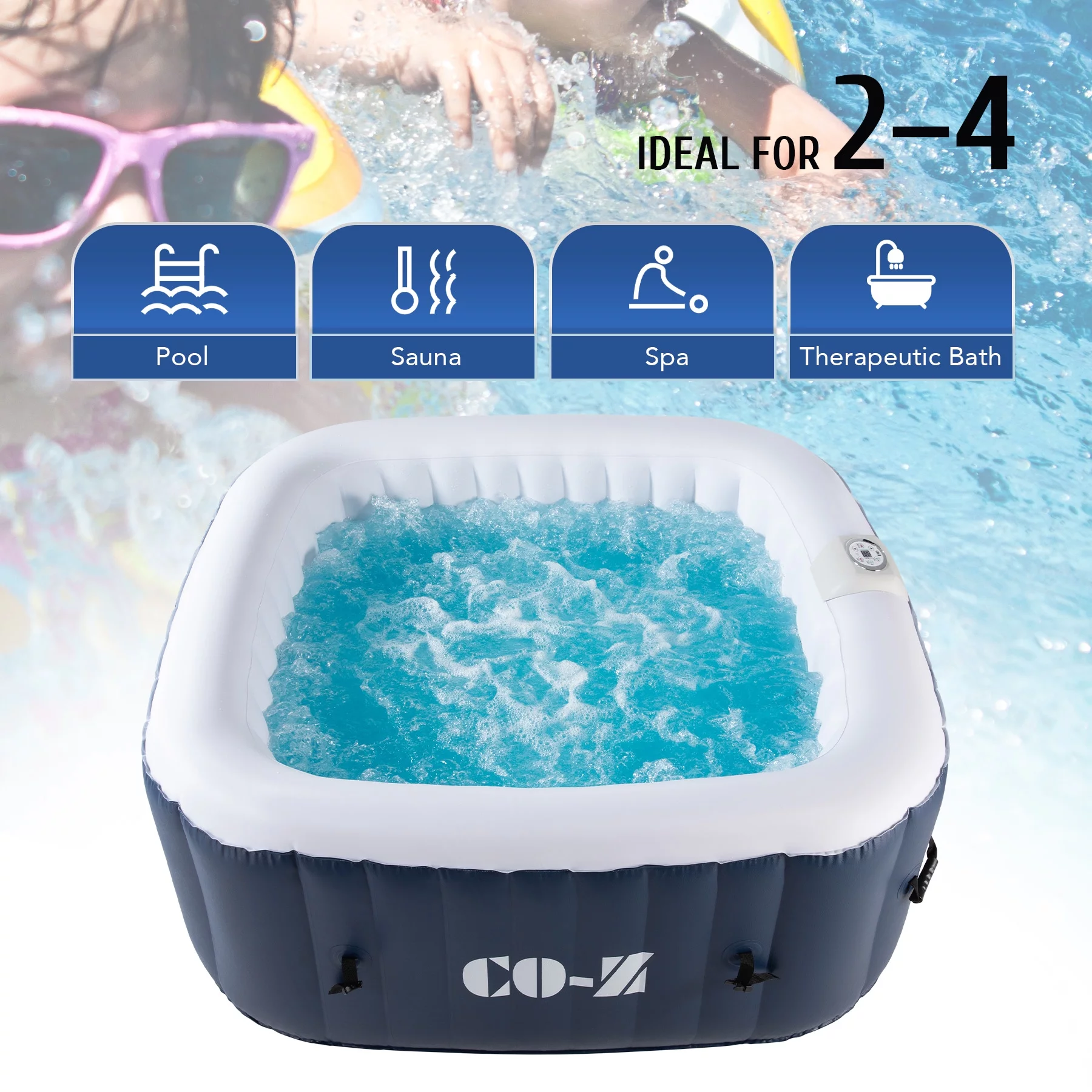CO-Z 5x5ft PVC Square Inflatable Spa Tub & 120 Massaging Jets for Patio & More for 4-person Blue - Womvr