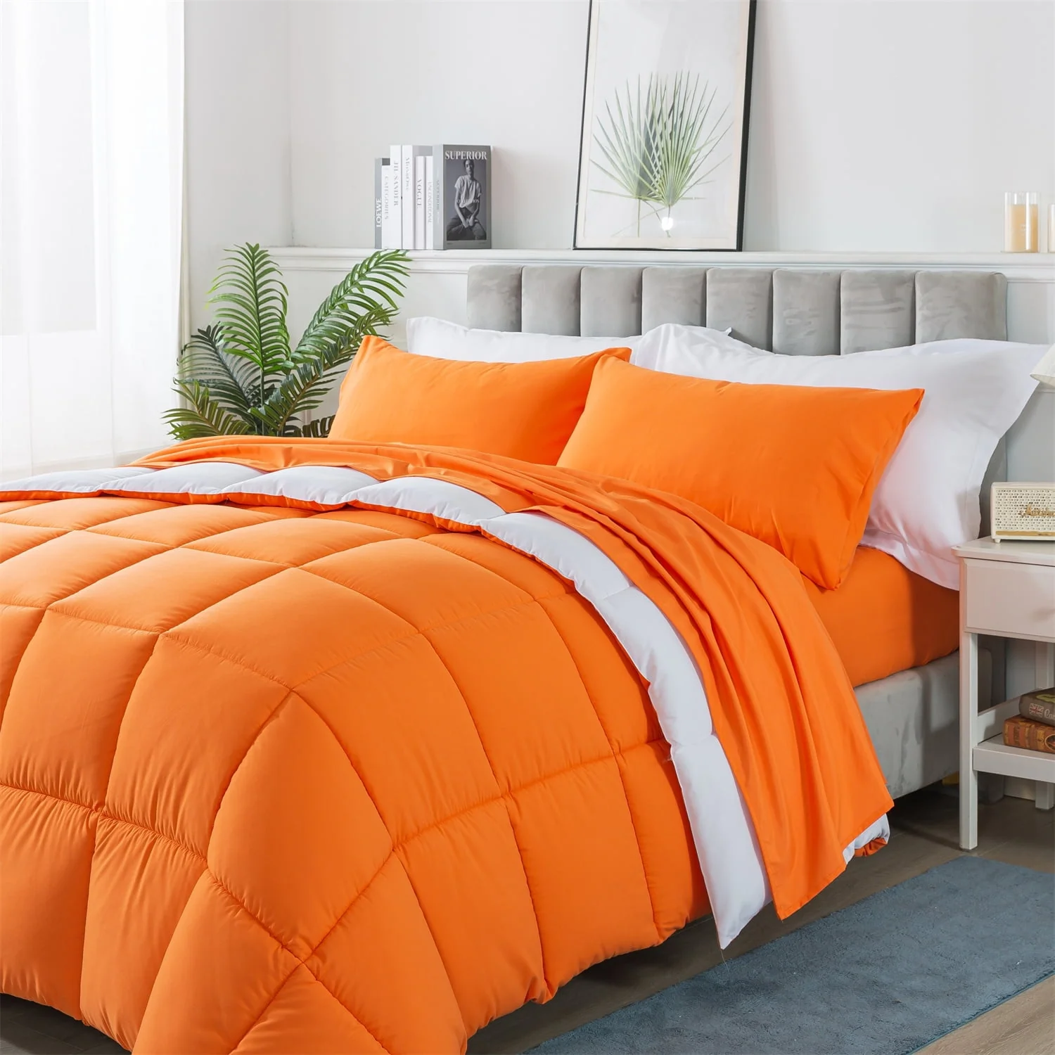 Downcool Queen Size Bed in a Bag 7 Piece Reversible Comforter Set | All-Season Bedding Sets, Adult, Unisex, White/Light Gray - Womvr