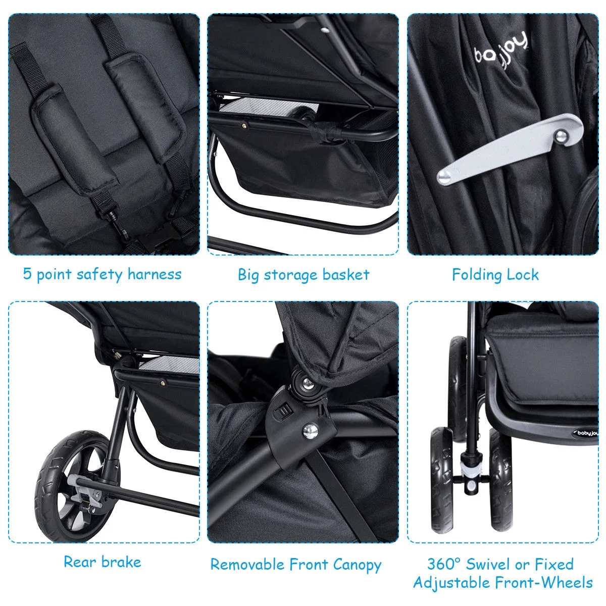 Babyjoy Double Stroller Foldable Baby Twin Lightweight Travel Stroller Infant Pushchair Black - Womvr