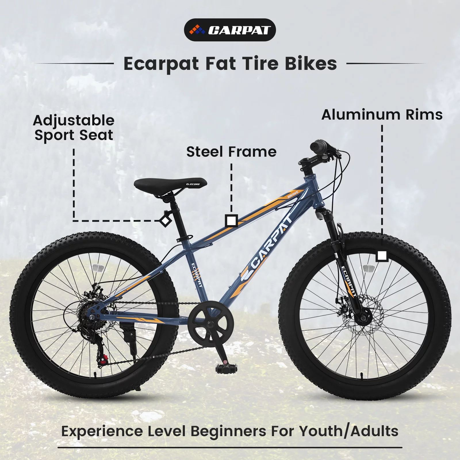 24 inch Fat Tire Bike, Shimano 7-Speed, Dual-Disc Brakes, Orange Trail Mountain Bike for Adult/Youth - Womvr