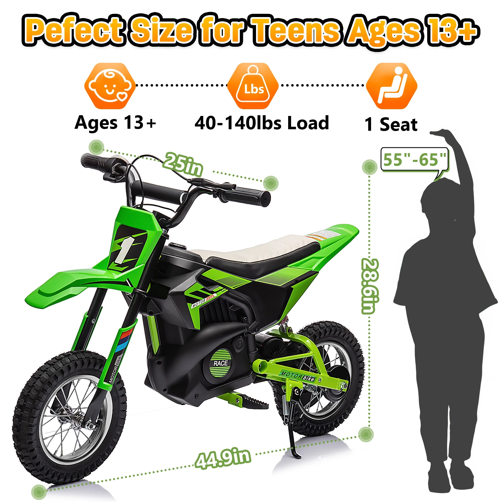 Wisairt 24V Dirt Electric Ride on Motocross Bike for Kids and Teens 13+ Between 40 and 140 lbs(Blue & Orange) - Womvr