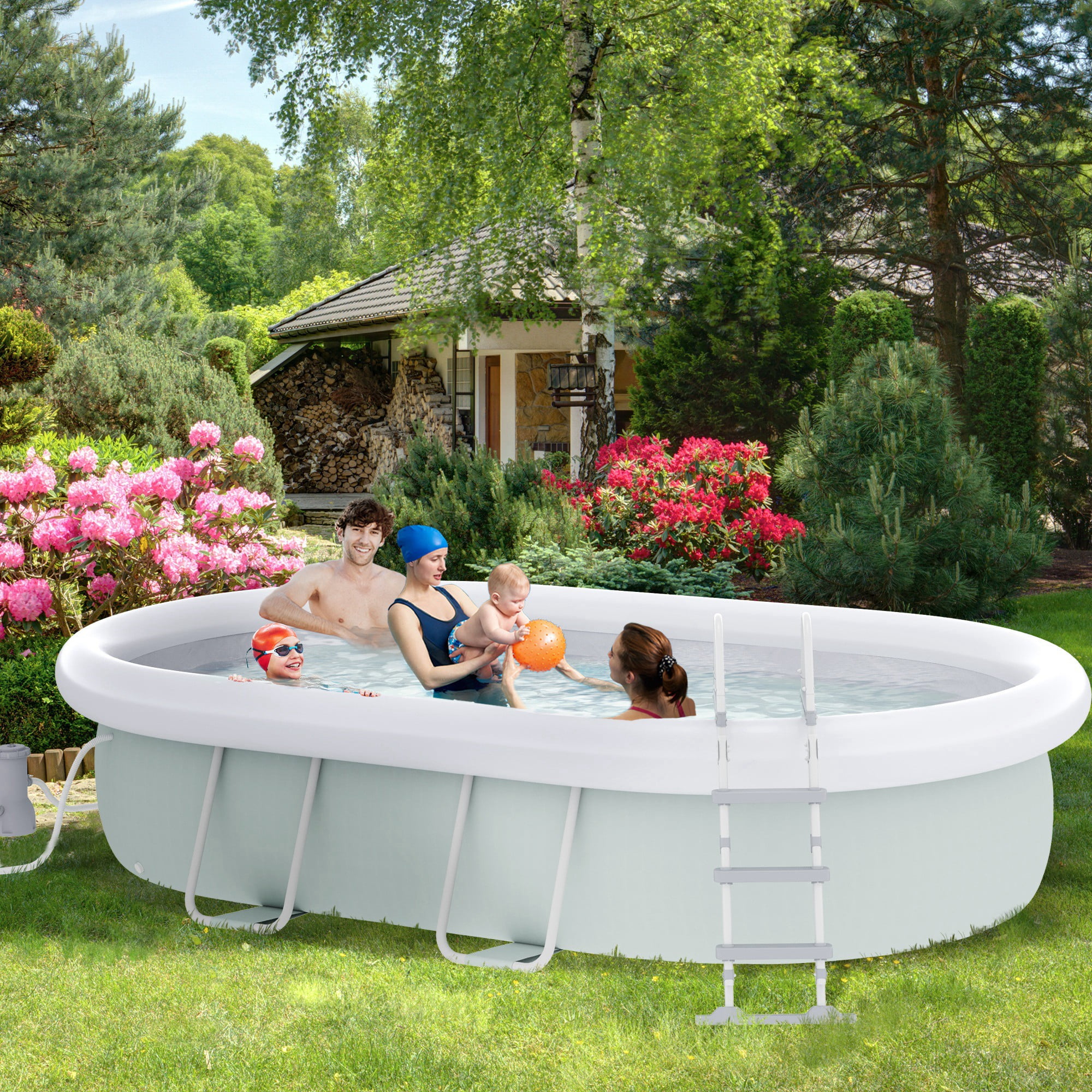 Outsunny Above Ground Swimming Pool, Semi-Inflatable Frame Pool, Brown - Womvr