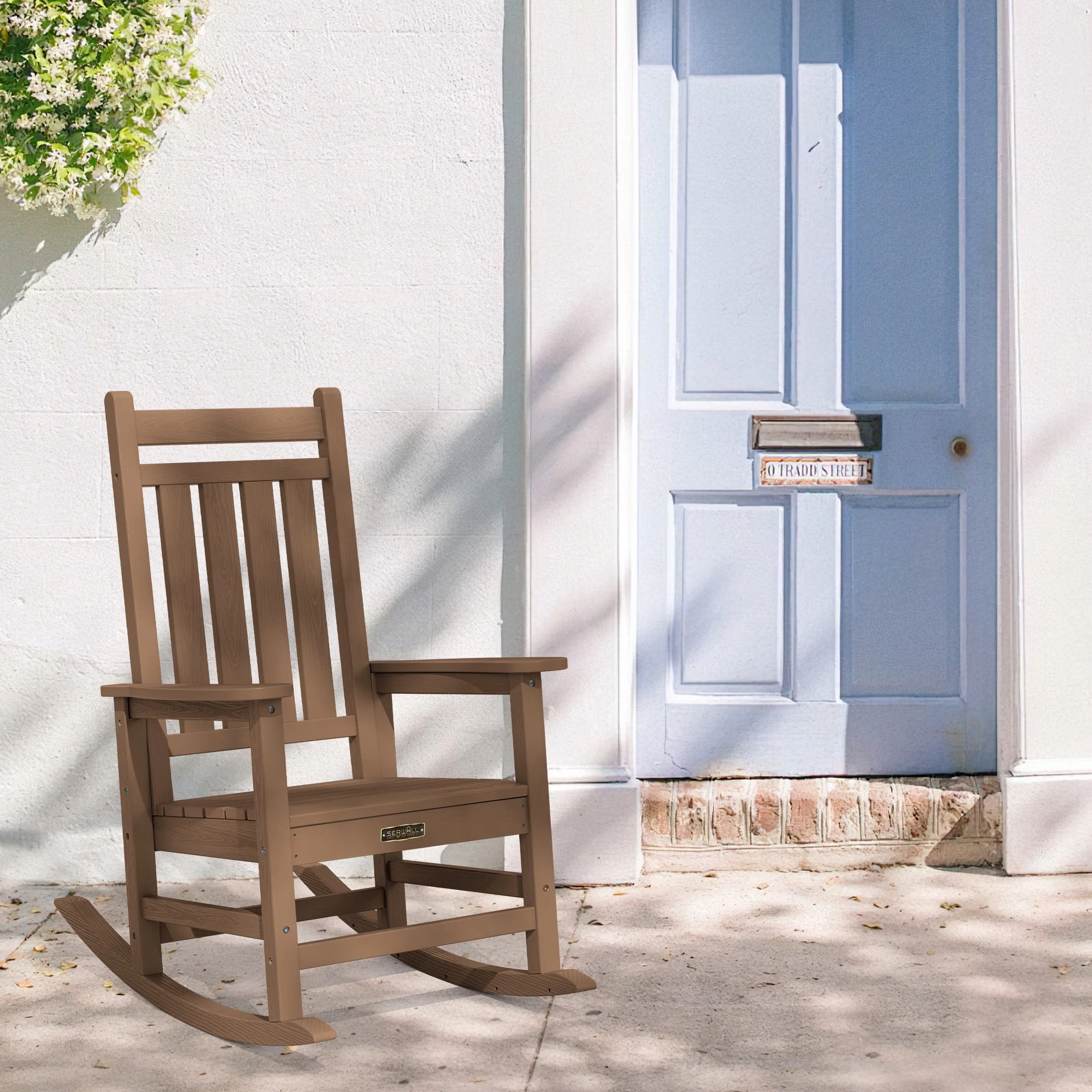 SERWALL Outdoor Oversized Slat Rocking Chair, HDPE Plastic Porch Rocker, Gray - Womvr