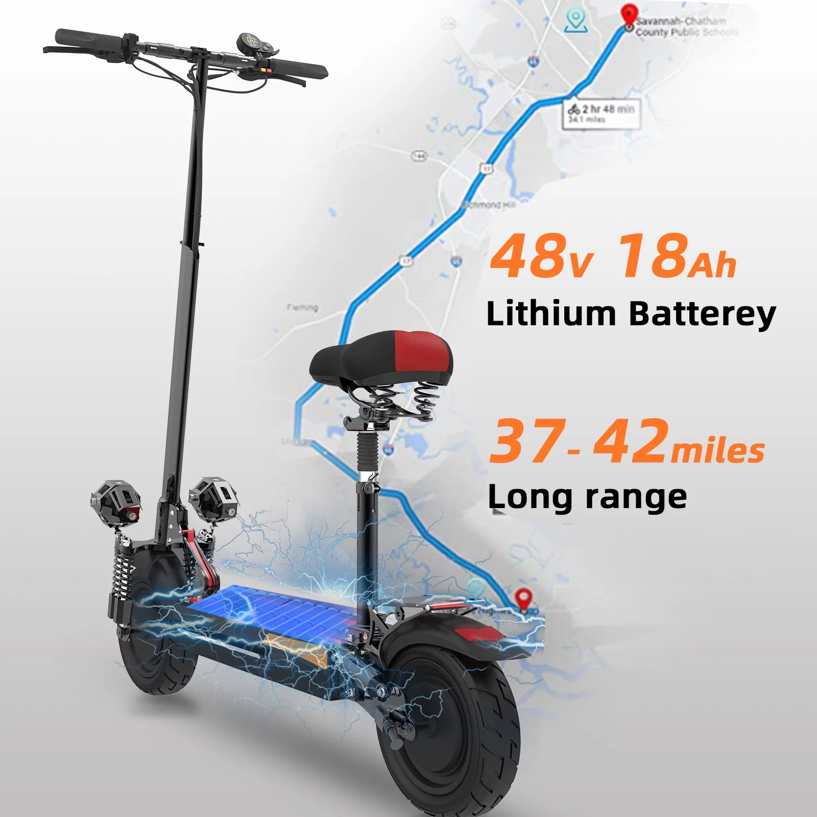 JUEXING Electric Scooter for Adults, 40 Miles Long Range, Dual Motors 2400W, E Scooter with Seat - Womvr