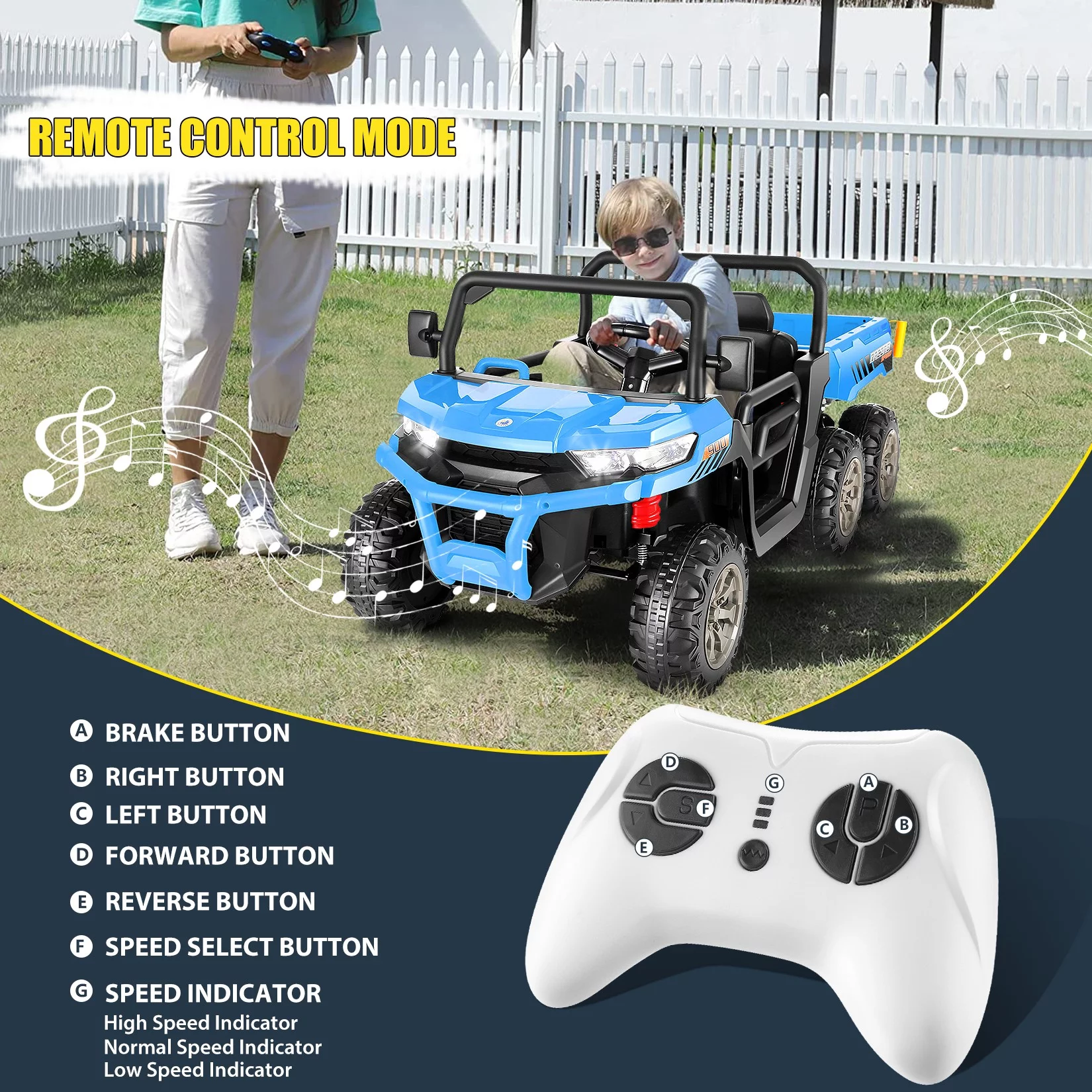 Funcid 24 V 4WD Kids Kids Ride on UTV with Remote Control, 2 Seater 6-Wheel Ride on Dump Truck Car, Ride on Toys w/ Tipping Bucket Trailer & Shovel,Bluetooth Music, Black - Womvr
