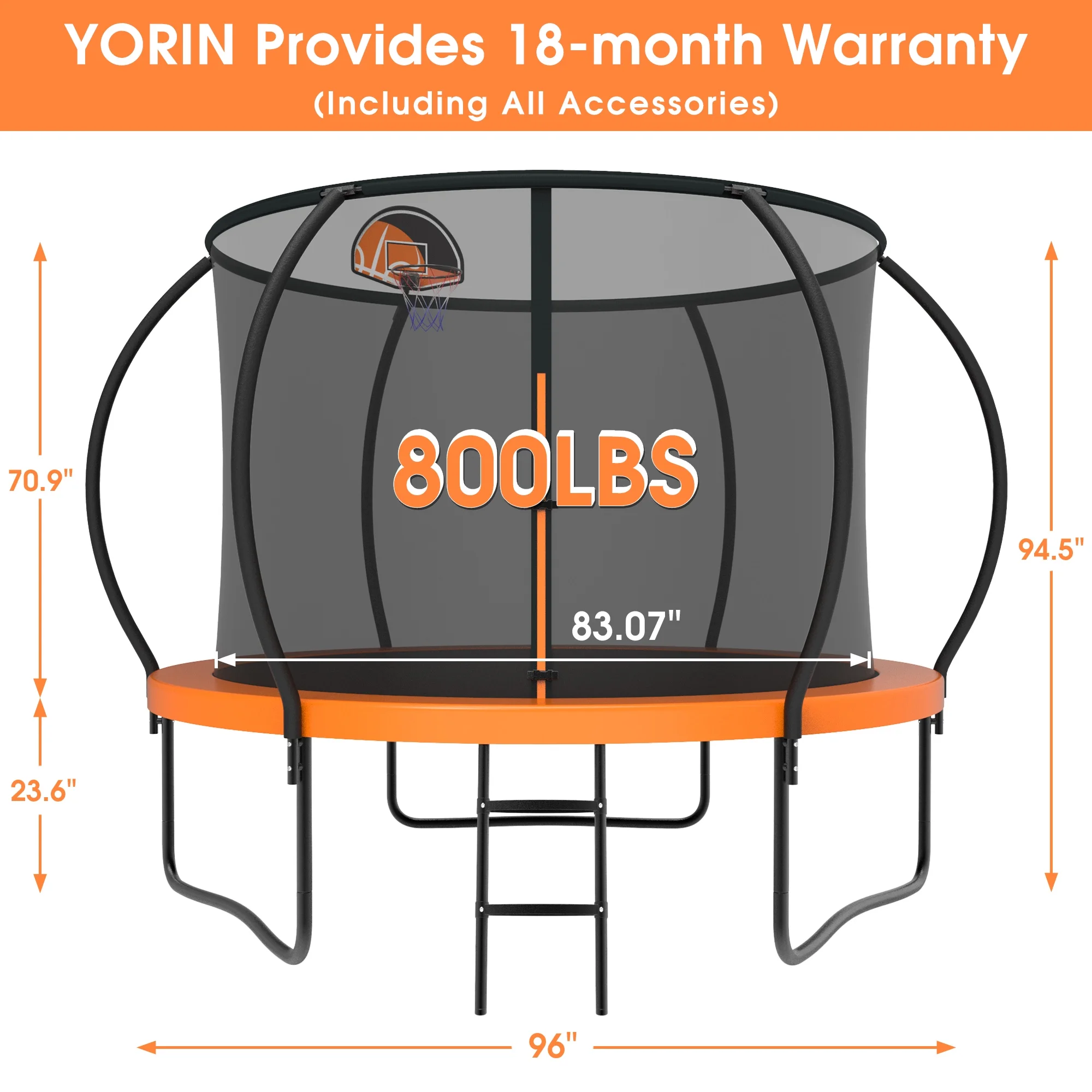 YORIN Trampoline for 2-3 Kids, 8FT 10FT Trampoline for Adults with Enclosure Net, Basketball Hoop, Ladder, 800LBS Outdoor Recreational Trampoline with Light, Sprinkler, Socks, Heavy Duty Trampoline - Womvr