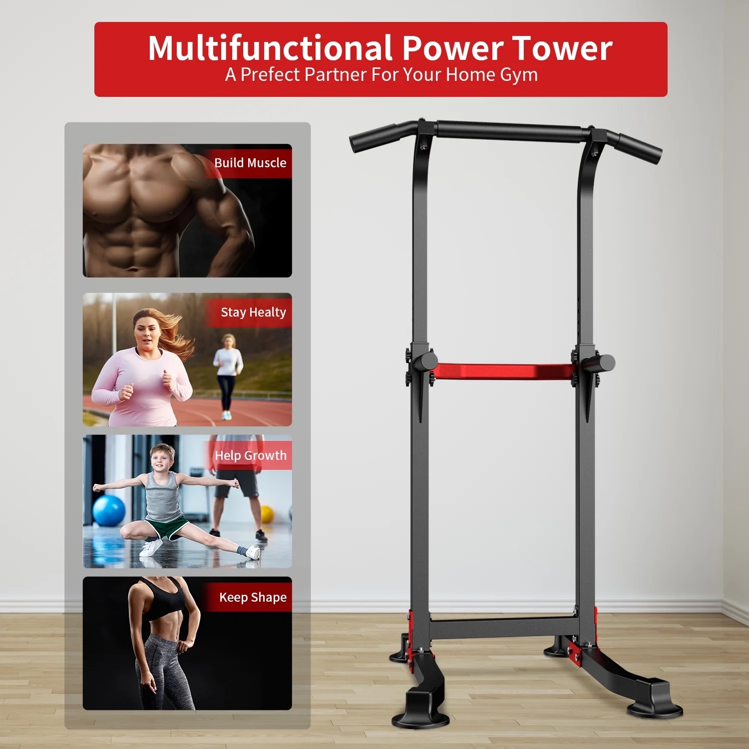 Wesfital Power Tower Dip Station, Pull Up Bar Stand Height Adjustable Strength Training Equipment for Fitness Home Workout, Red/Black - Womvr