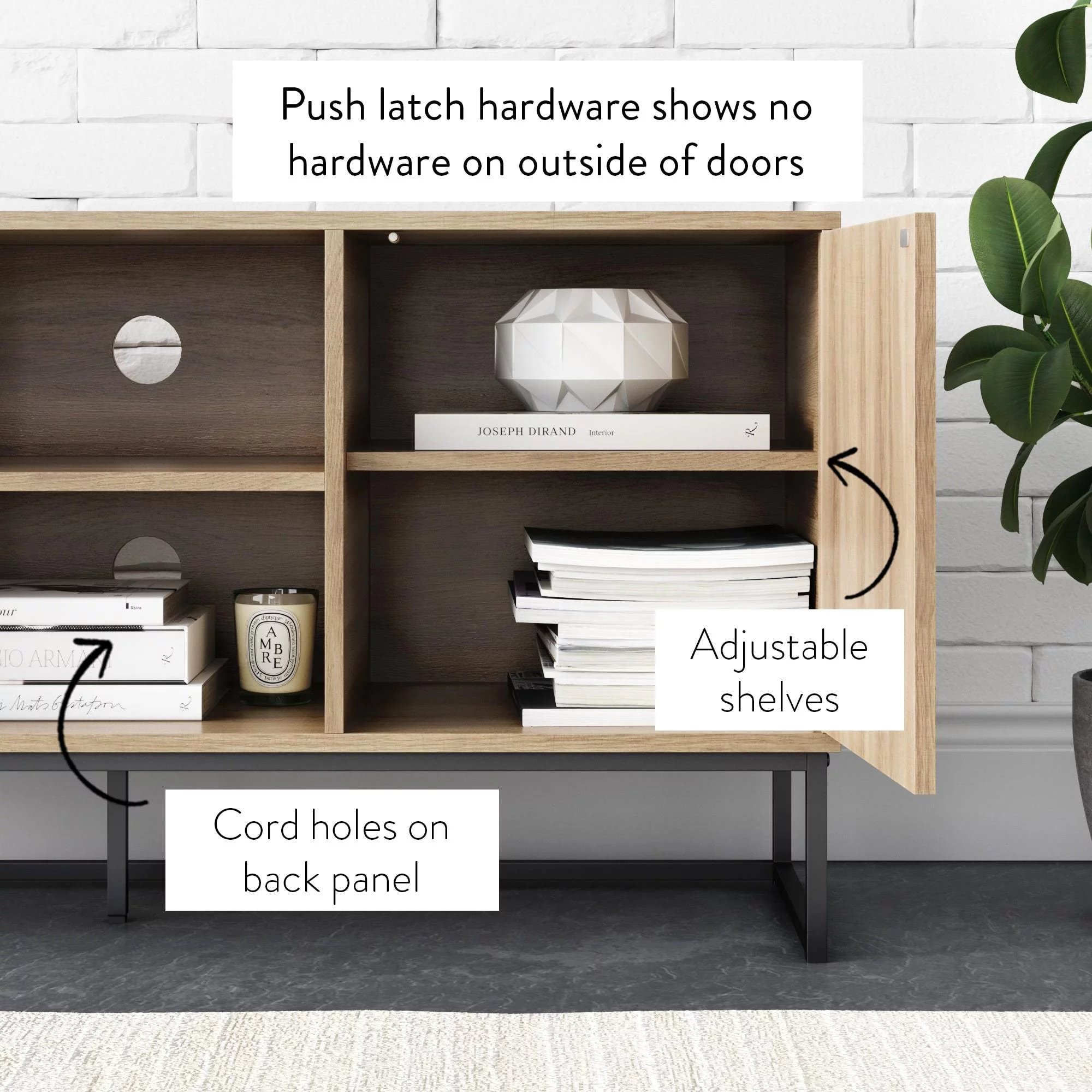 Nathan James Dylan Media Console Cabinet TV Stand with Hidden Storage Herringbone Pattern Wood Metal, Gray/Black - Womvr