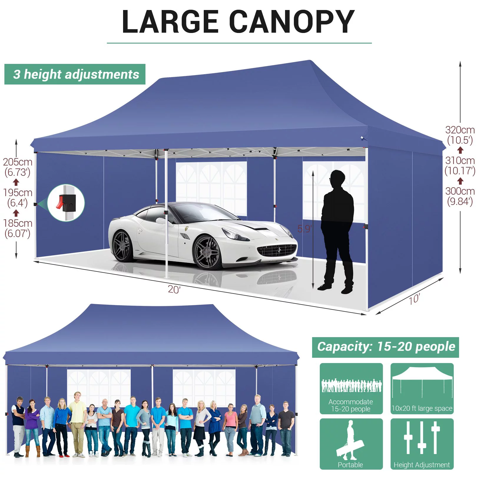 SANOPY 10' x 20' Outdoor Canopy Tent EZ Pop up Canopy Party Tent Outdoor Event Instant Tent Gazebo with 6 Removable Sidewalls & Carry Bag for Camping Wedding Picnic(Blue) - Womvr