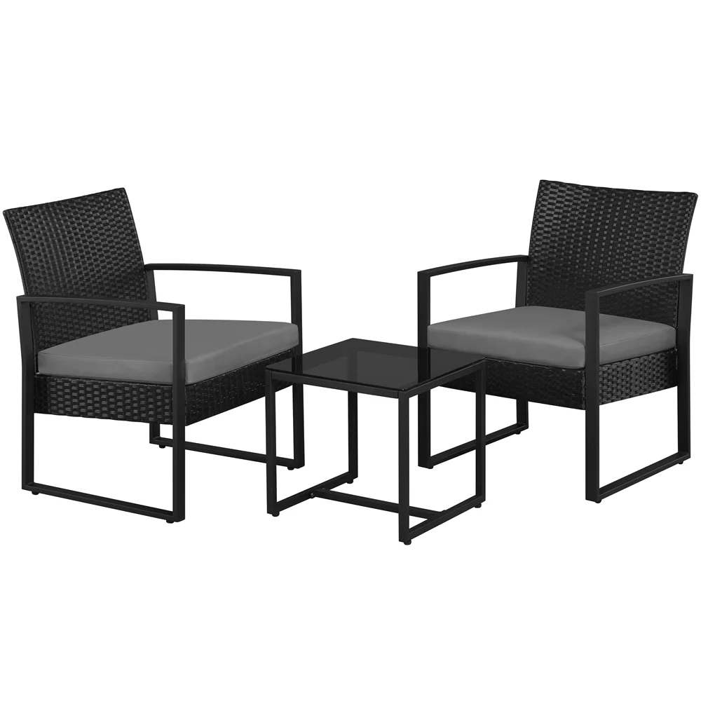 Yaheetech Modern 3-piece Patio Rattan Chairs & Table Set with Cushions, Black/Gray - Womvr
