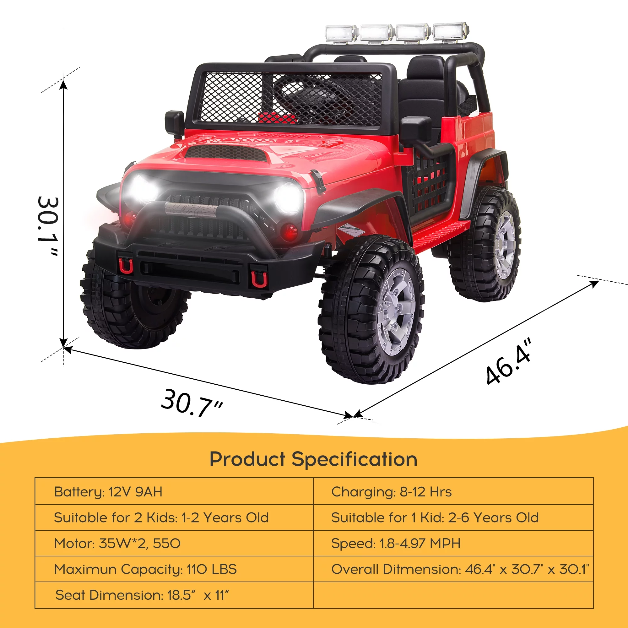 2 Seater Kids Ride on Truck with Remote Control, Music, 12V Children Electric Jeep Car - Womvr