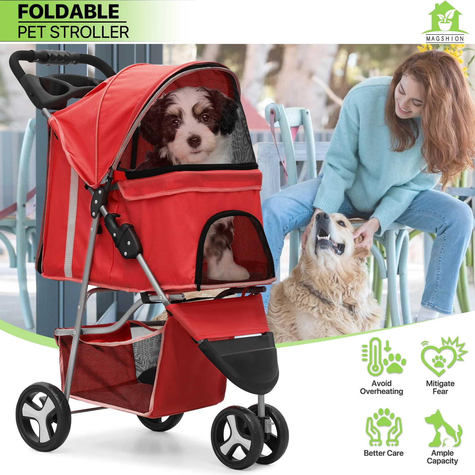 Magshion Foldable Pet Dog Stroller with Wheels, Cat Dog Stroller with Storage Basket and Cup Holder for Small and Medium Cats, Dogs, Puppy, Navy Blue - Womvr
