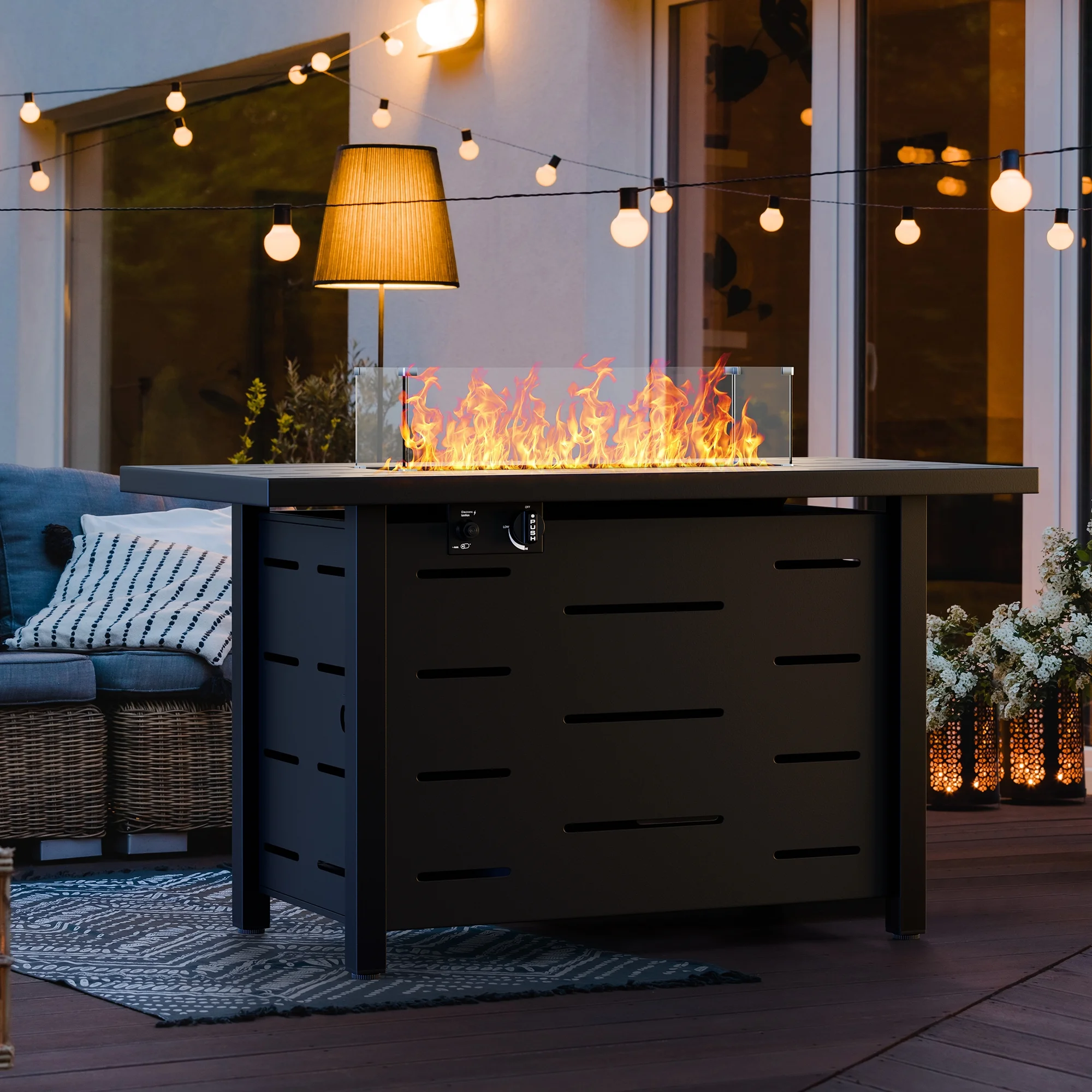 Walsunny 43 Inch Outdoor Fire Pit Table Propane Gas with Lid and Lava Rock 50000 BUT Fire Table with Glass Wind Guard and Waterproof Cover - Womvr