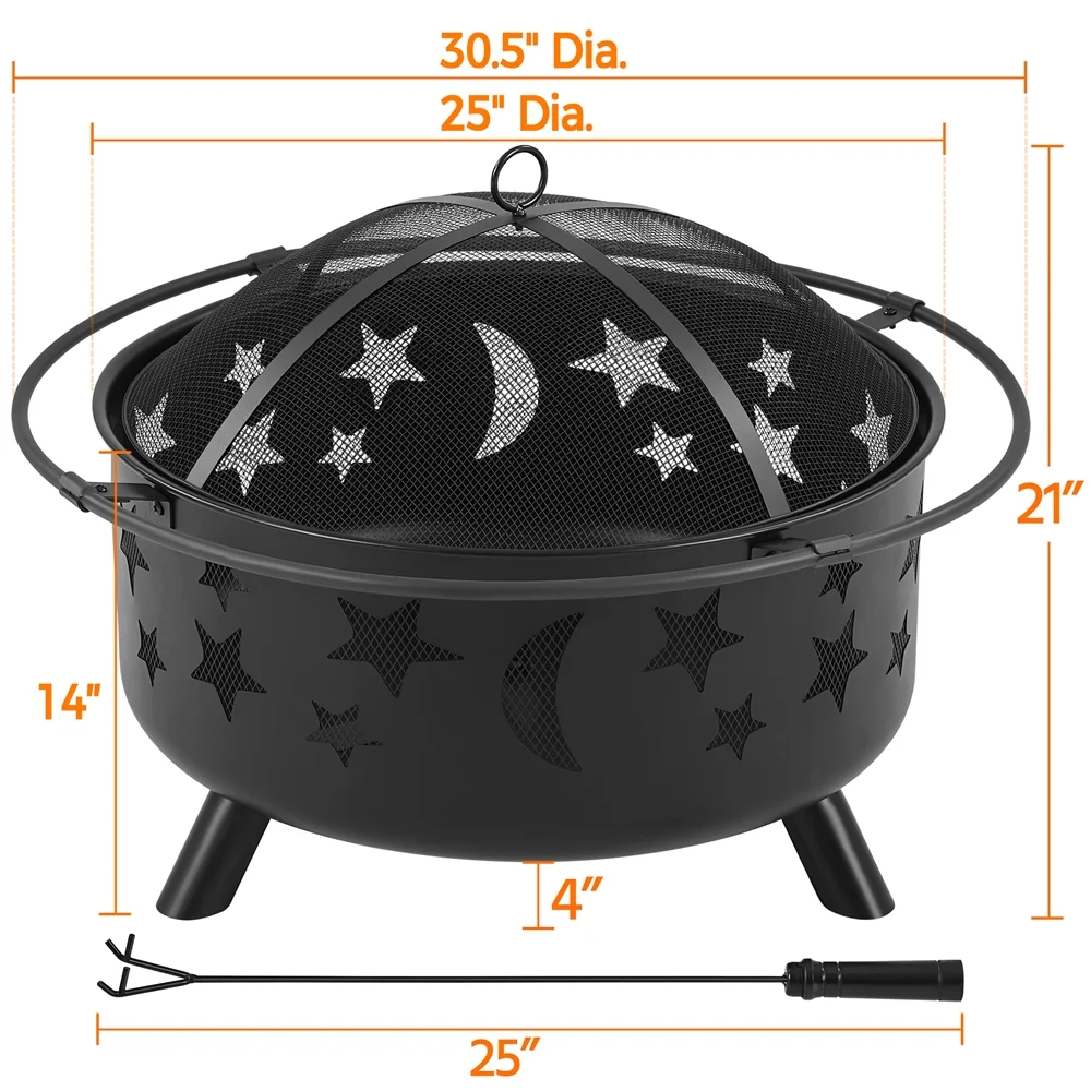 Alden Design Iron Fire Pit with Poker Mesh Cover for BBQ Backyard Patio, Black - Womvr