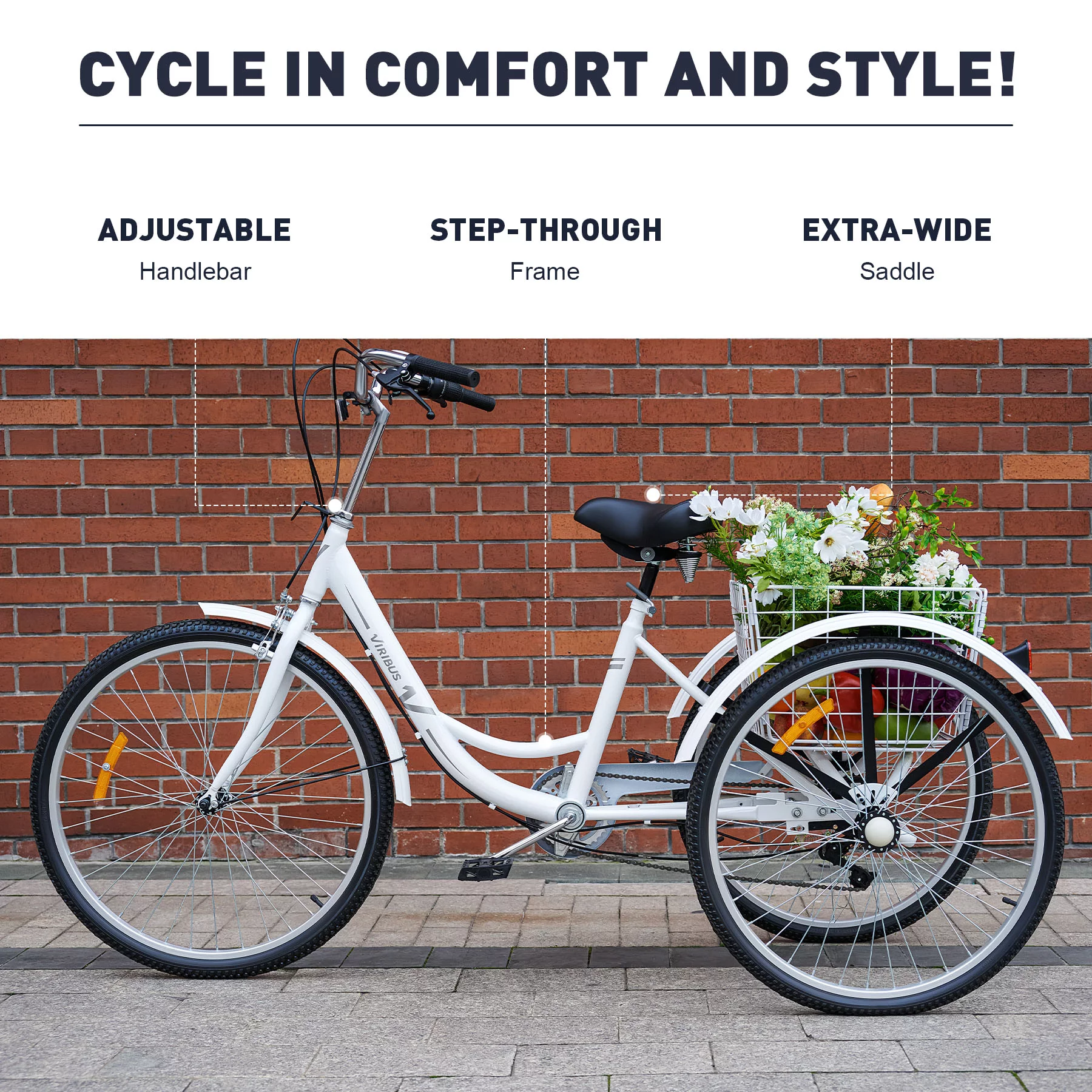 VIRIBUS 26 Inch Adult Tricycle 3 Wheel Bike with 7 Speeds & Basket for Men Women, Black - Womvr