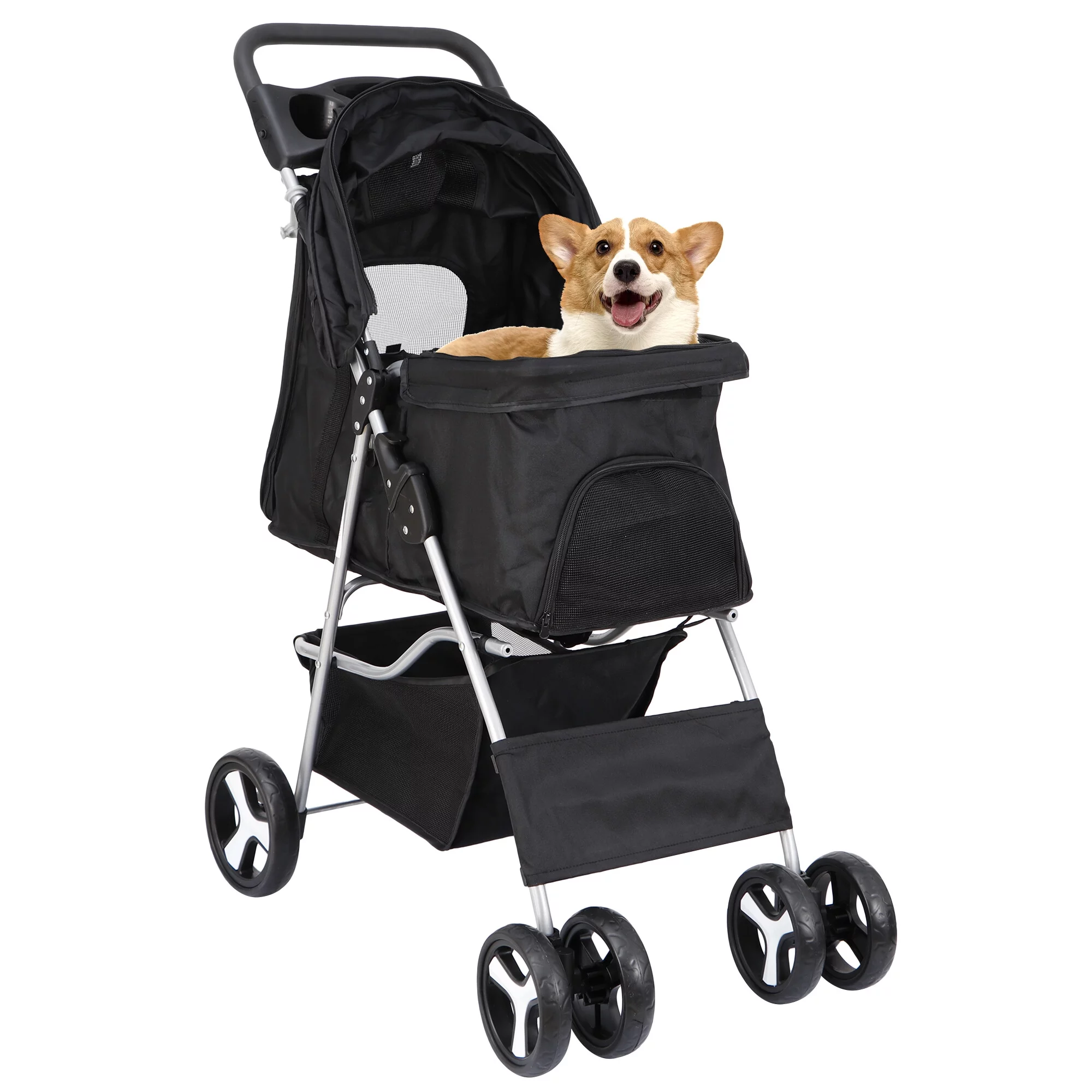HomGarden 4 Wheel Pet Dog Stroller Foldable Carrier Strolling Cart for Small Medium Dog, Cat W/ Storage Basket & Cup Holder - Womvr