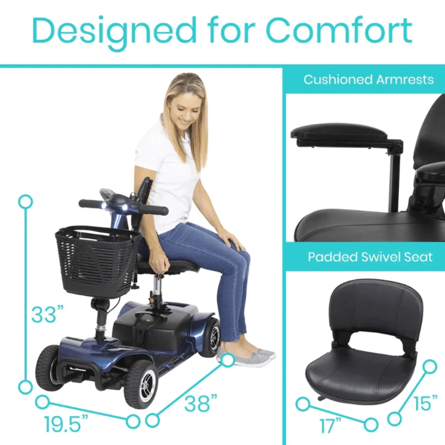 Vive 4 Wheel Battery Powered Mobility Scooter - Electric Transport Chair- Compact Heavy Duty Mobile for Travel, Adults, Elderly with Basket and Charger Included - Womvr