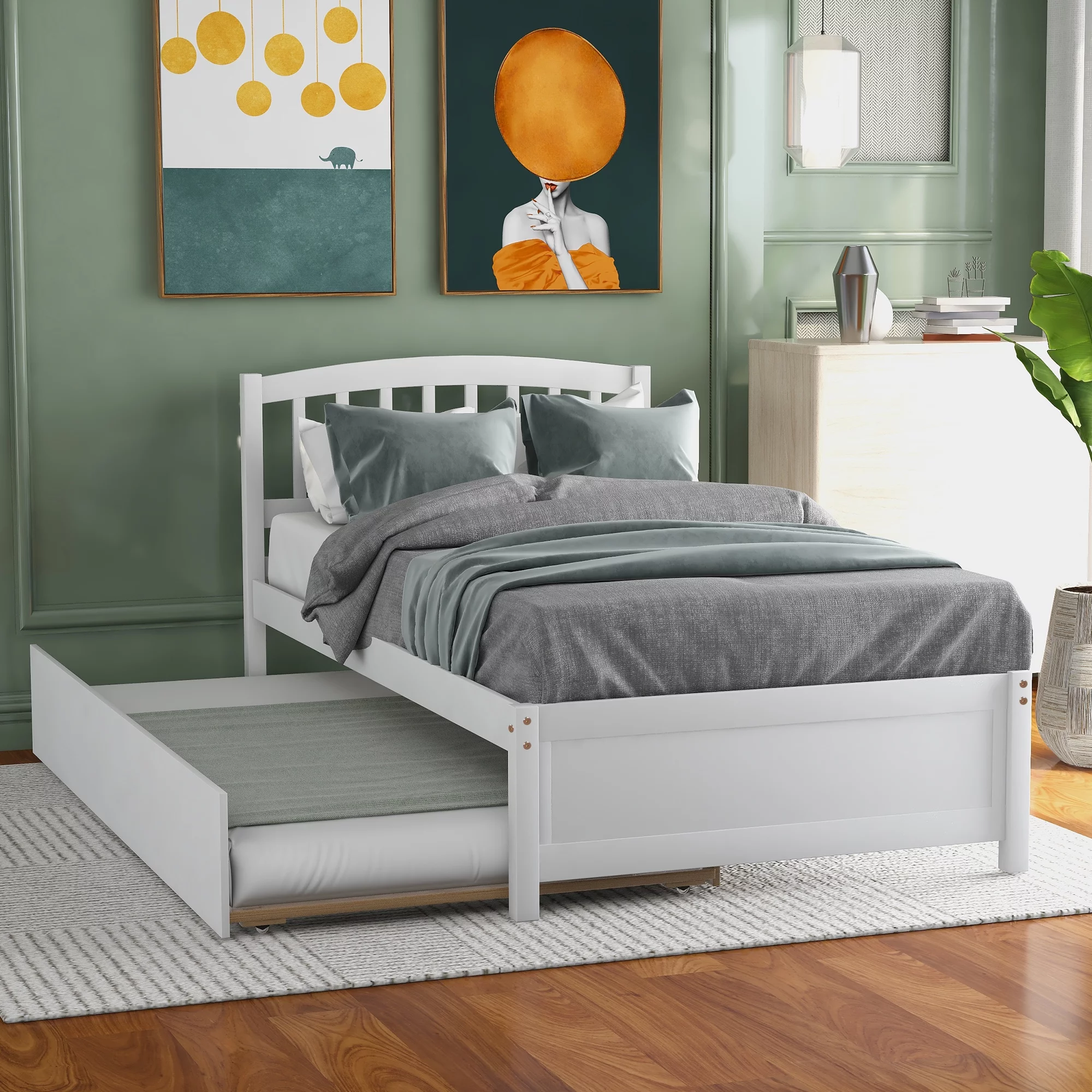 Twin Platform Bed. Twin Size Bed with Trundle. Wood Twin Bed Frame with Headboard. No Box Spring Needed (White. Twin with Trundle) - Womvr