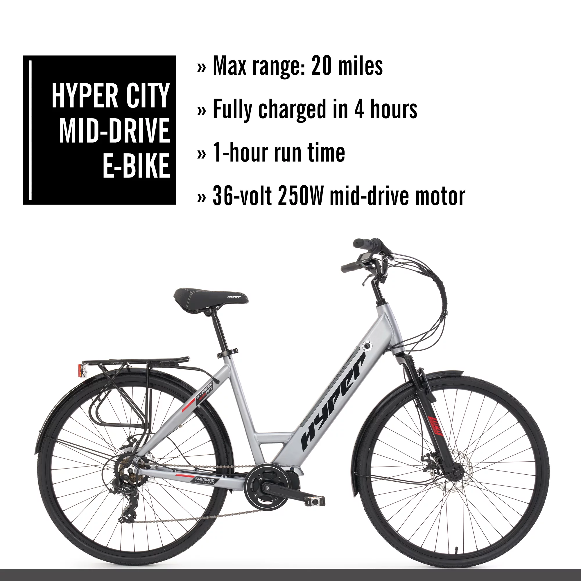 Hyper Bicycles 36V 700C Commuter Electric Bike for Adults, Pedal-Assist, 250W Mid-Drive E-Bike Motor, Matte White - Womvr