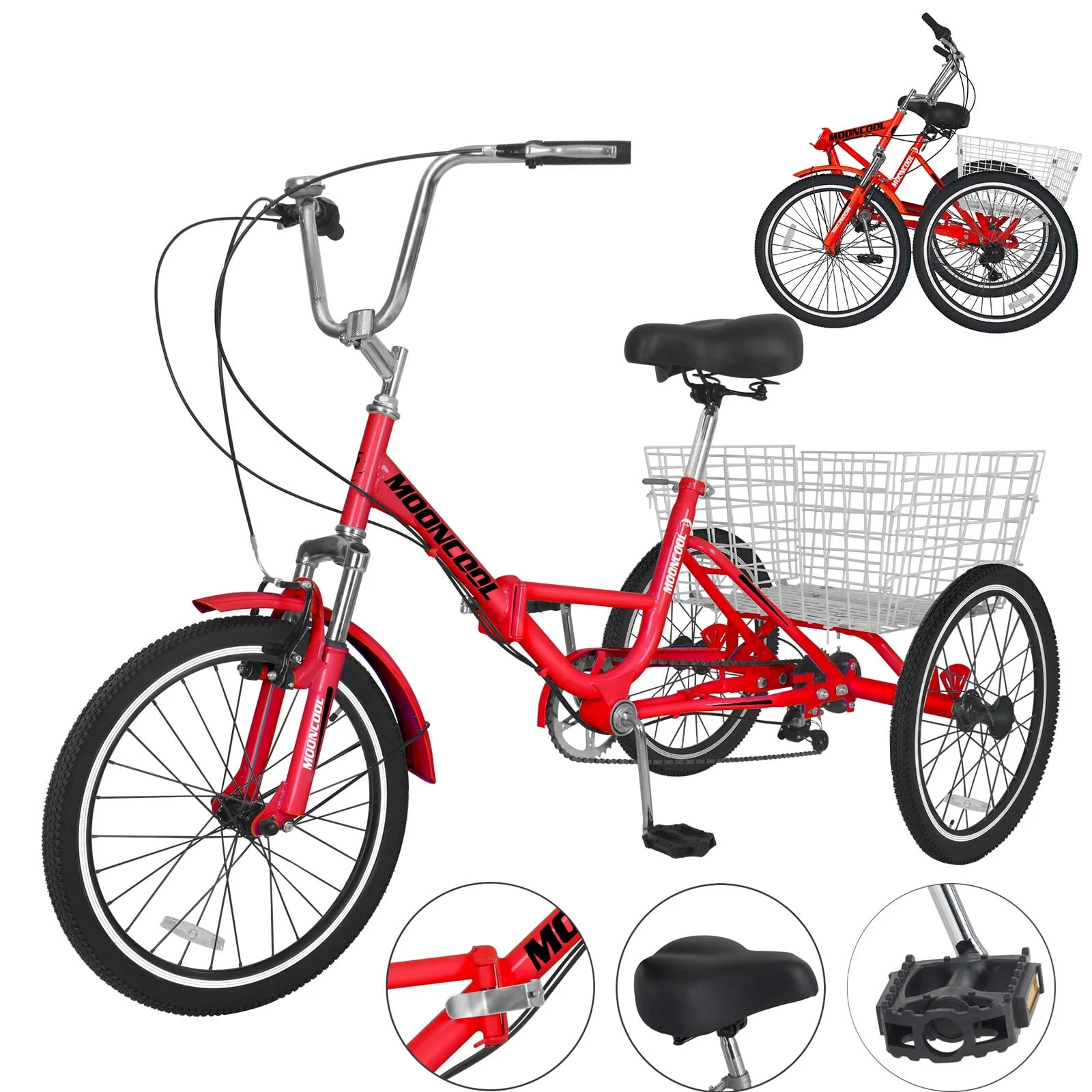 MOPHOTO 20/24/26 inch Adult Tricycle Folding 3 Wheel Cruiser Bikes 7 Speed, Portable and Foldable Trikes with Cargo Basket for Men & Women Outdoor Cycling, Purple - Womvr