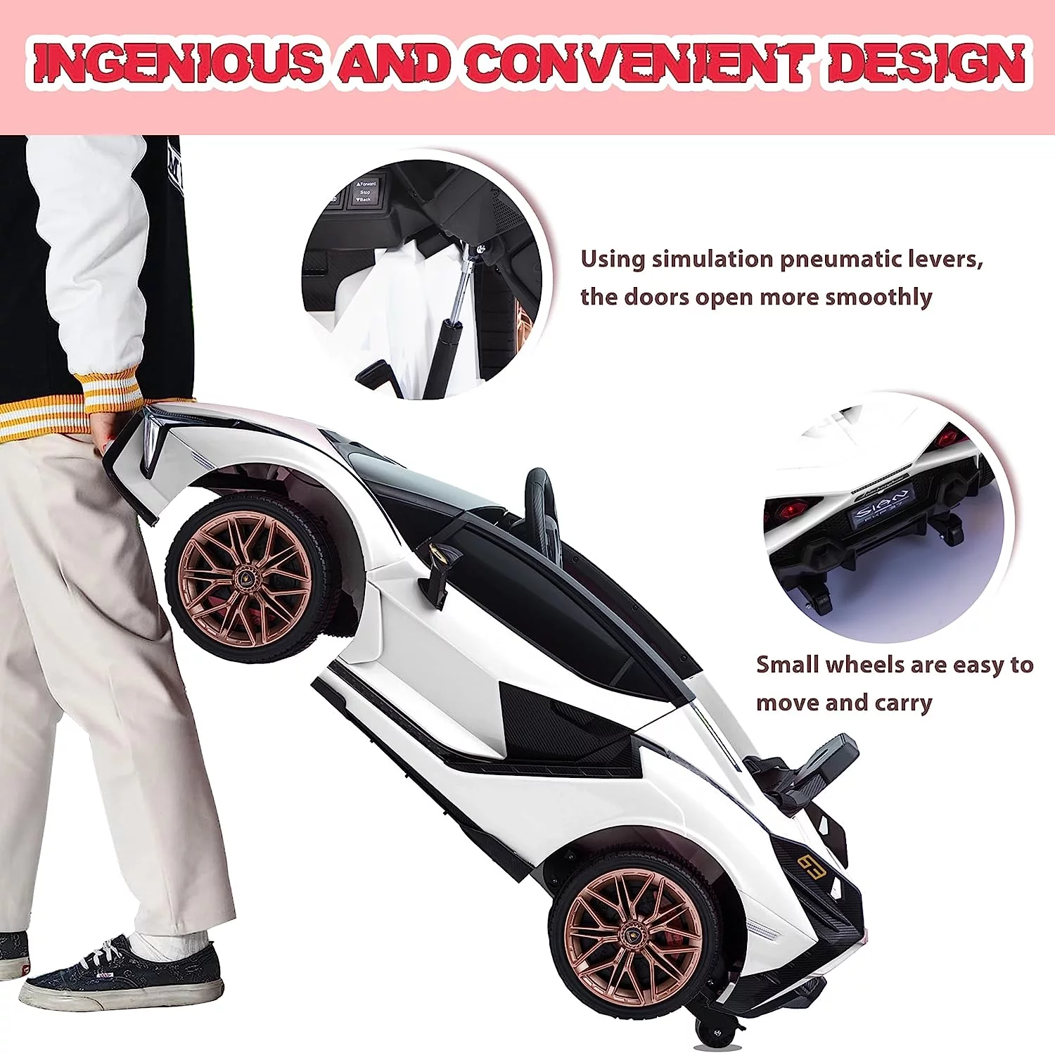 TOBBI 24V Lamborghini STO Licensed Kids Ride on Drift Car Gray Electric Car W/Remote Control LED Lights, up to 10 mph - Womvr