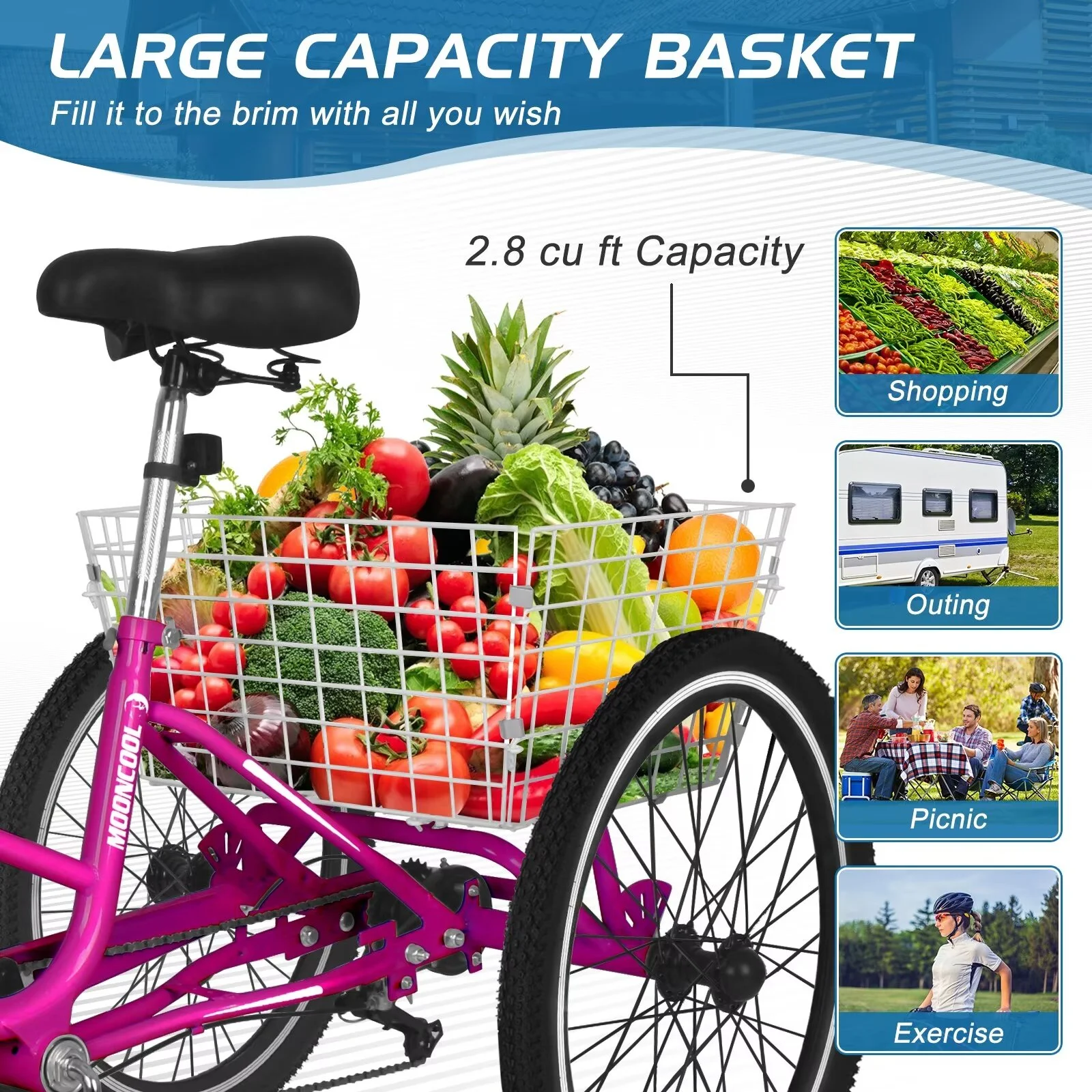 MOPHOTO 20/24/26 inch Adult Tricycle Folding 3 Wheel Cruiser Bikes 7 Speed, Portable and Foldable Trikes with Cargo Basket for Men & Women Outdoor Cycling, Purple - Womvr